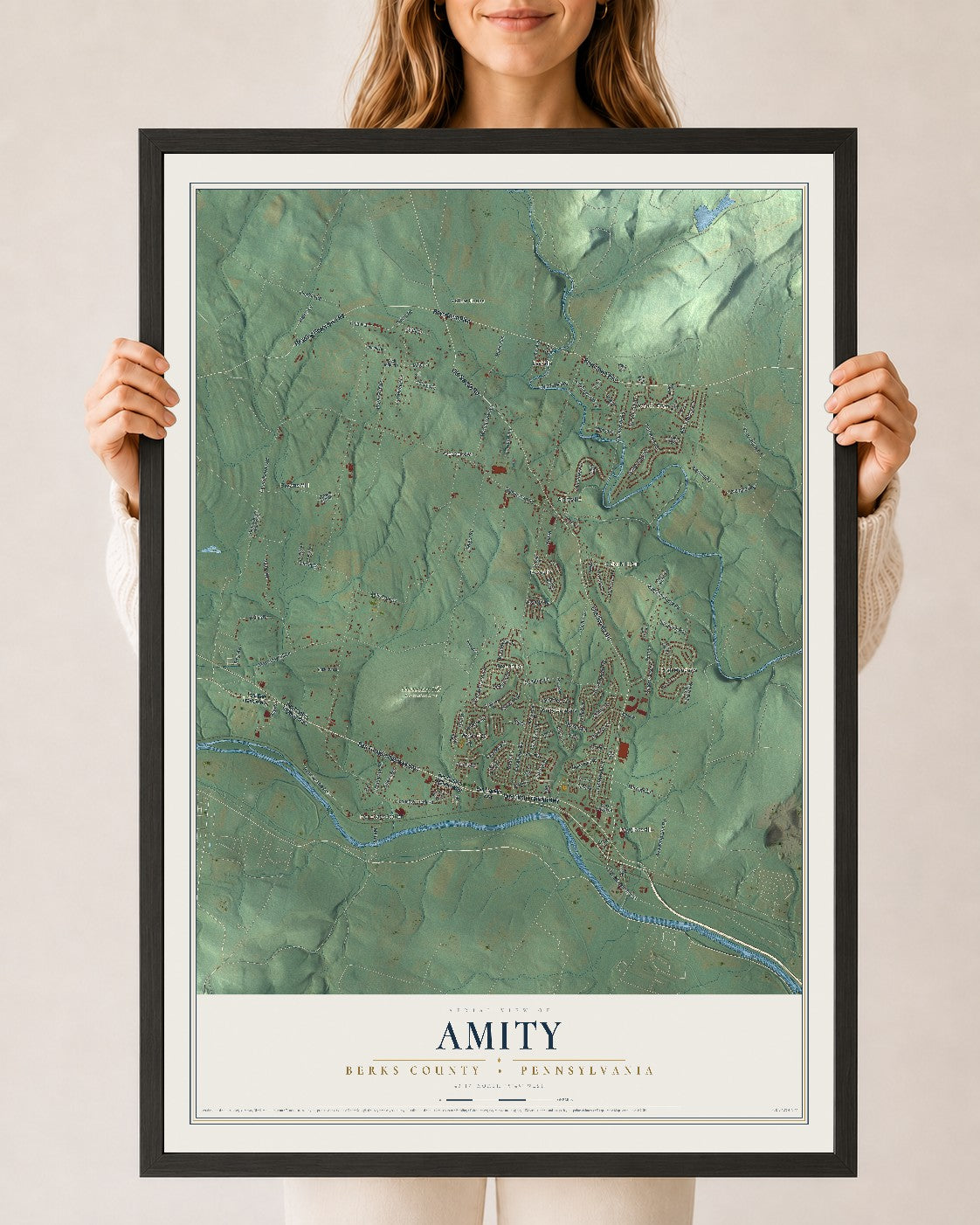 Map of Amity, Berks County, Pennsylvania, 24 x 36 inch print in a black wood frame