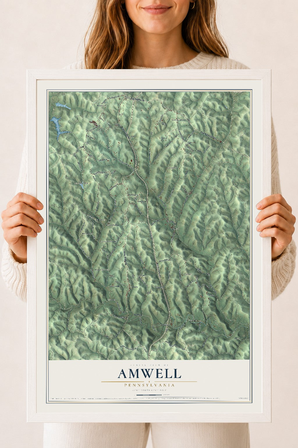Map of Amwell, Pennsylvania, 18 x 24 inch print in a white wood frame