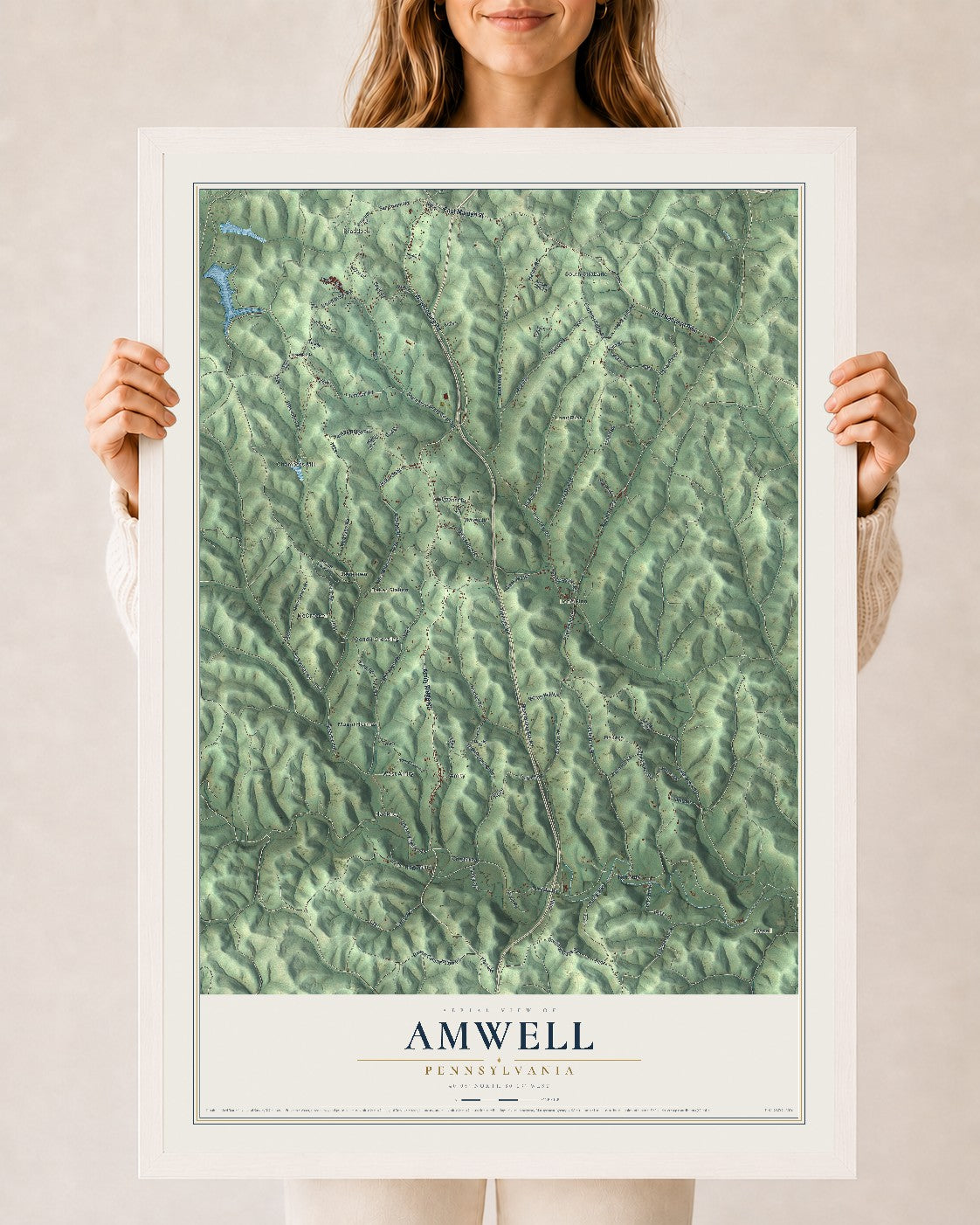Map of Amwell, Pennsylvania, 24 x 36 inch print in a white wood frame