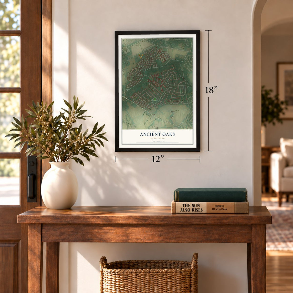 Ancient Oaks, Pennsylvania map, 12 x 18 inch print in a black frame in an entryway