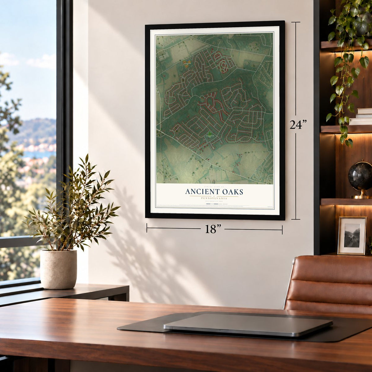 Ancient Oaks, Pennsylvania map, 18 x 24 inch print in a black frame in a home office