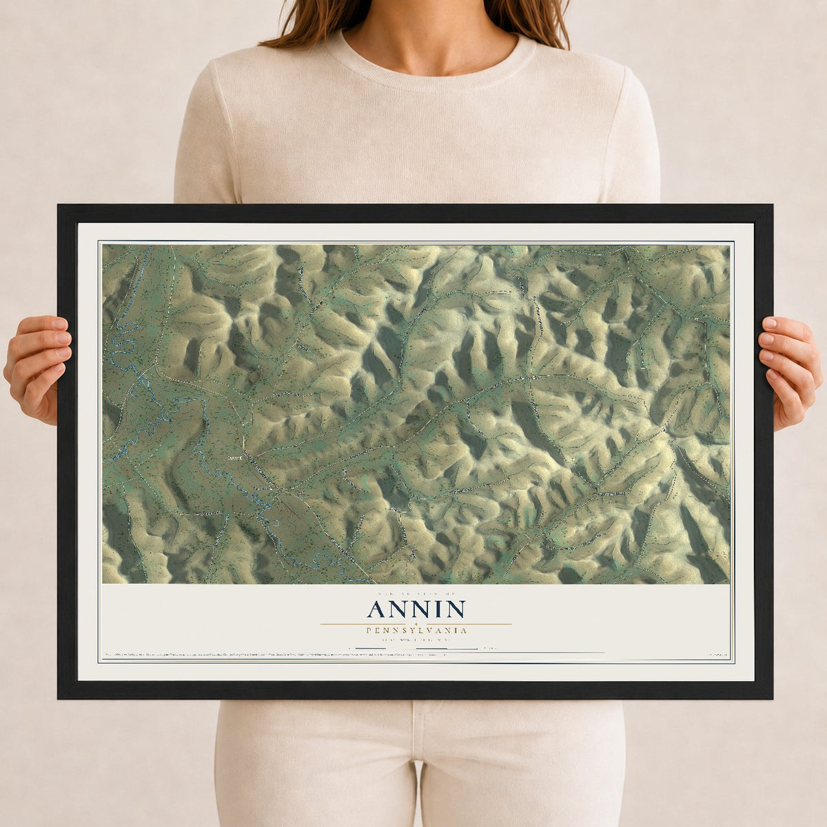 Map of Annin, Pennsylvania, 12 x 18 inch print in a black wood frame