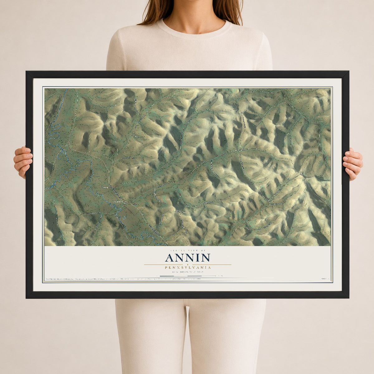 Map of Annin, Pennsylvania, 24 x 36 inch print in a black wood frame