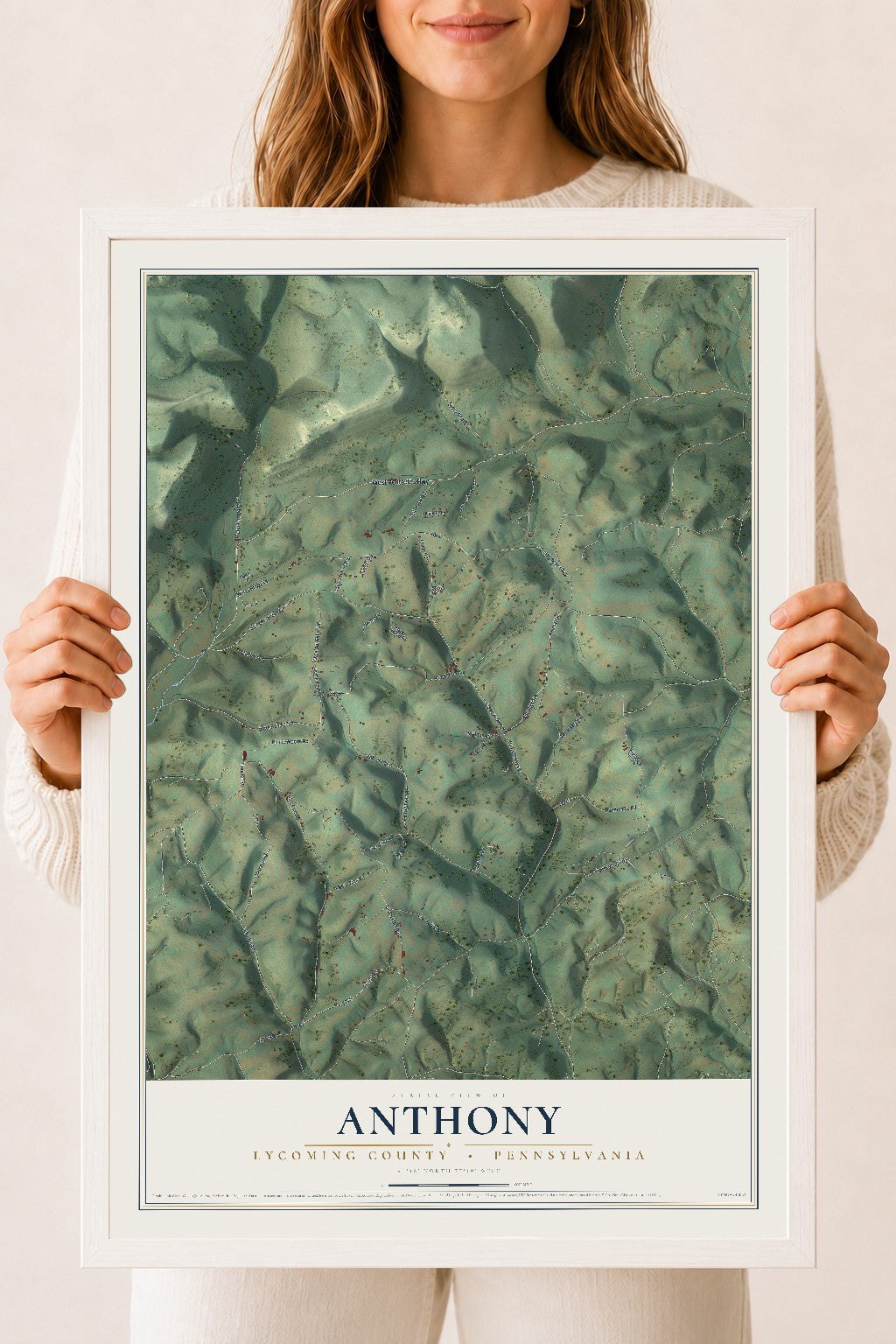 Map of Anthony, Lycoming County, Pennsylvania, 18 x 24 inch print in a white wood frame