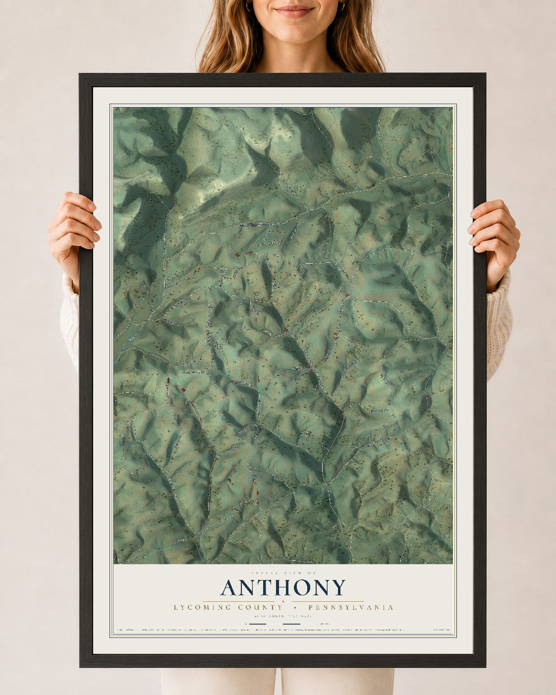 Map of Anthony, Lycoming County, Pennsylvania, 24 x 36 inch print in a black wood frame