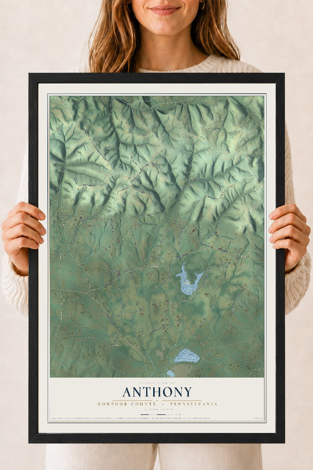 Map of Anthony, Montour County, Pennsylvania, 18 x 24 inch print in a black wood frame