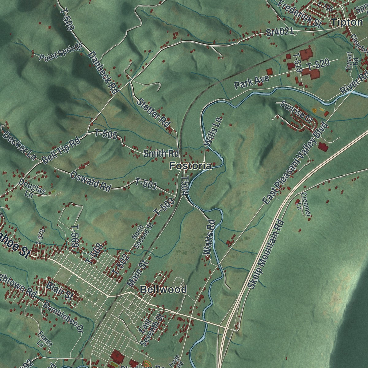 Second close-up of the map of Antis, Pennsylvania print showing more streets and buildings