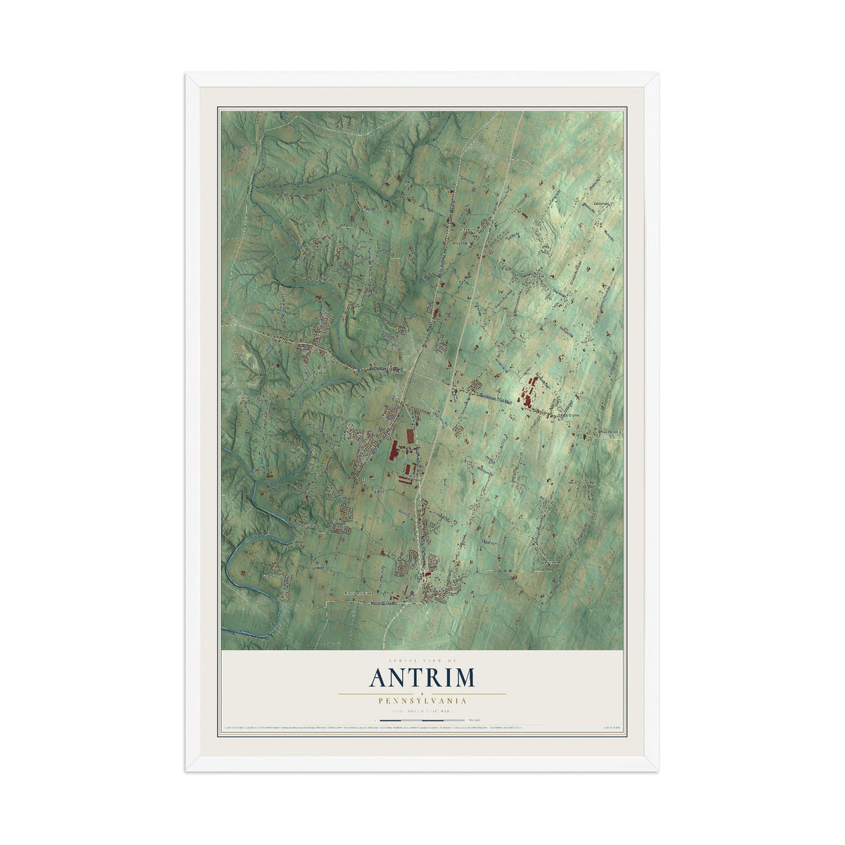 Map of Antrim, Pennsylvania, 12 x 18 inch print in a white wood frame