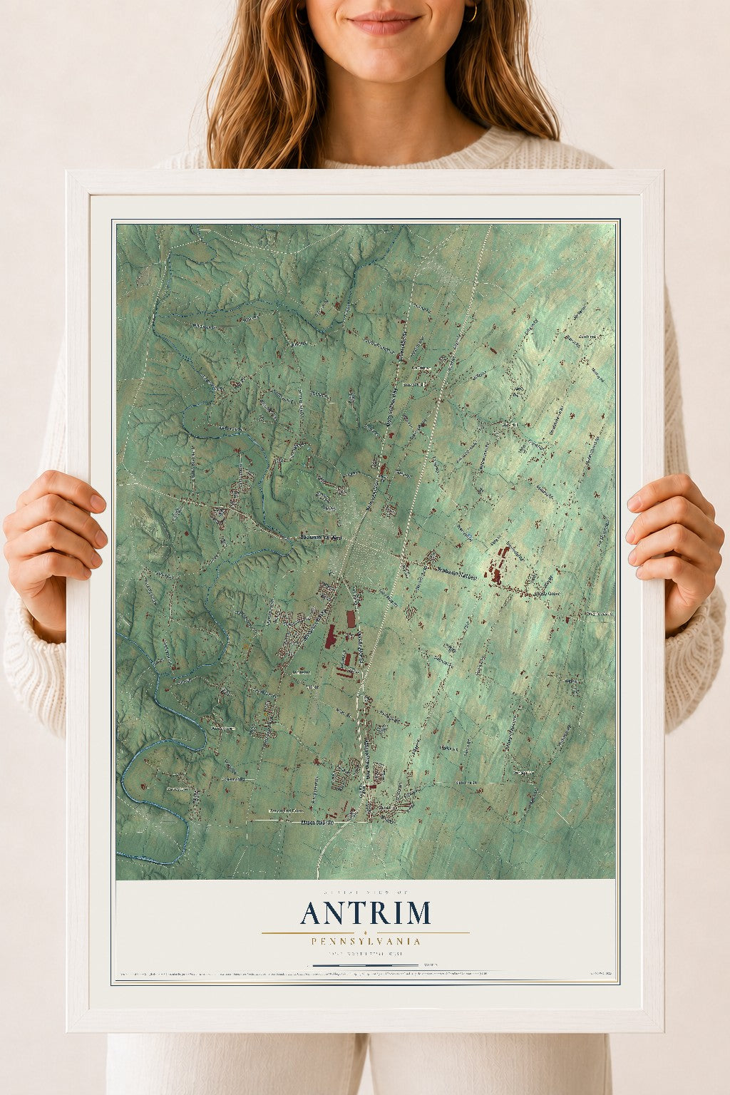 Map of Antrim, Pennsylvania, 18 x 24 inch print in a white wood frame