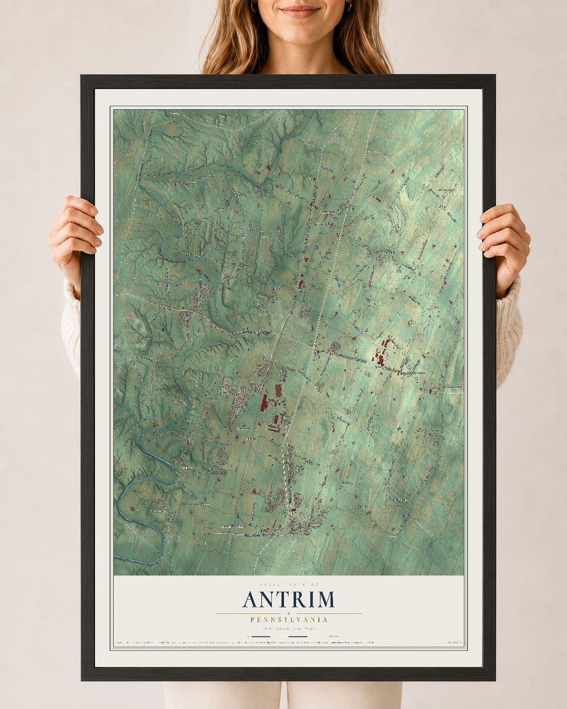 Map of Antrim, Pennsylvania, 24 x 36 inch print in a black wood frame