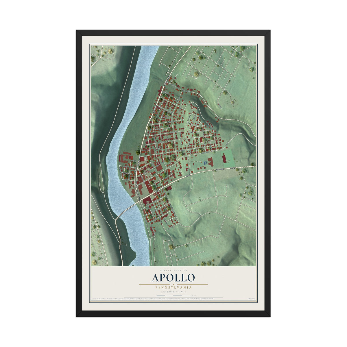 Map of Apollo, Pennsylvania, 12 x 18 inch print in a black wood frame