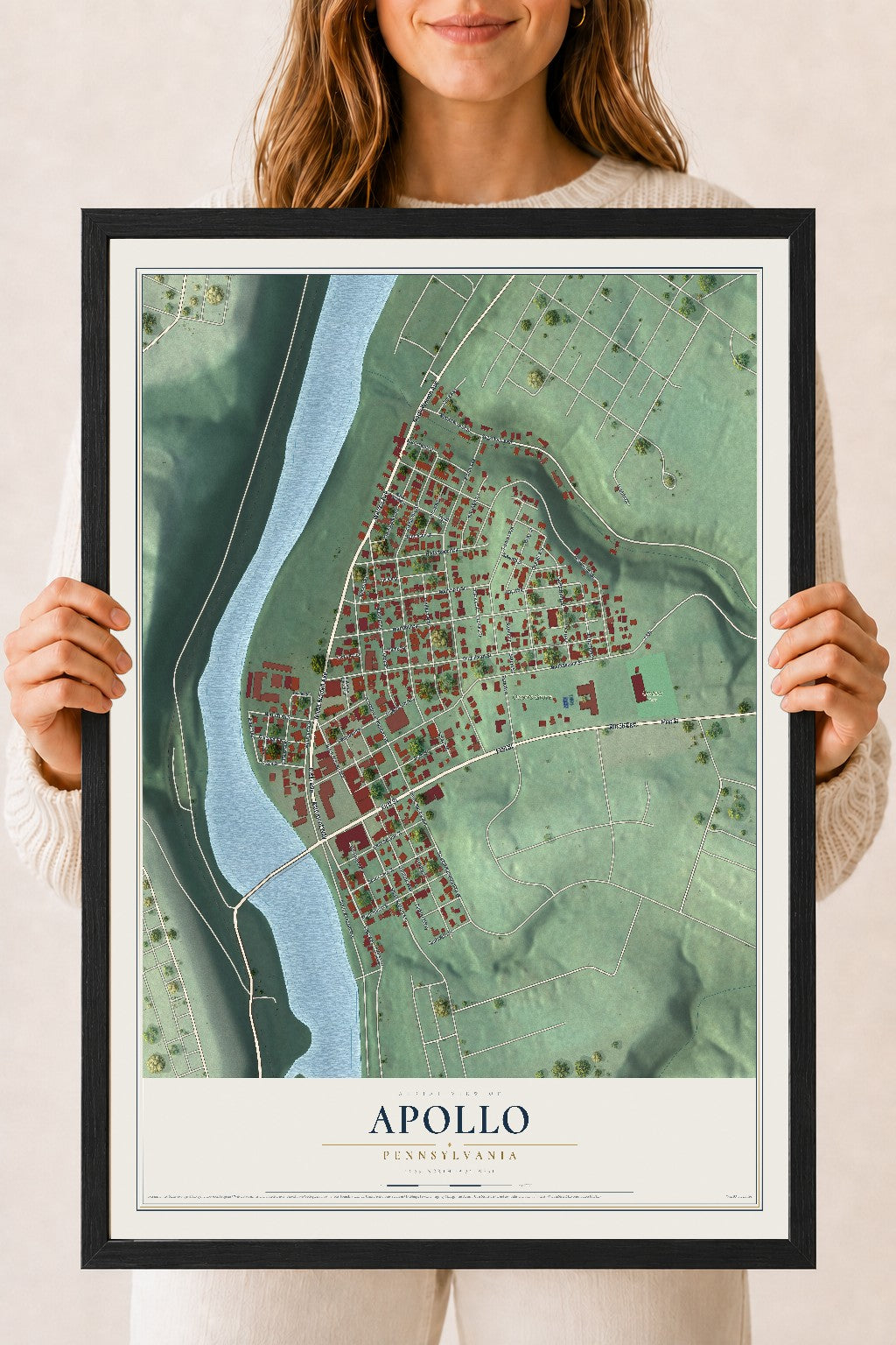 Map of Apollo, Pennsylvania, 18 x 24 inch print in a black wood frame