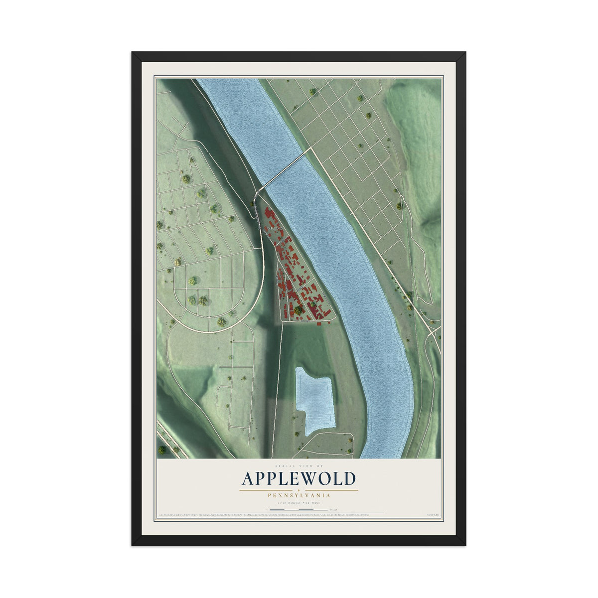 Map of Applewold, Pennsylvania, 12 x 18 inch print in a black wood frame