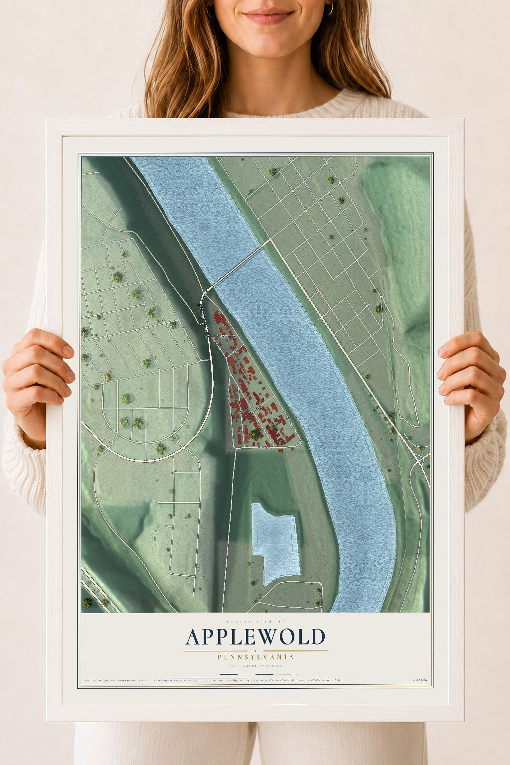 Map of Applewold, Pennsylvania, 18 x 24 inch print in a white wood frame