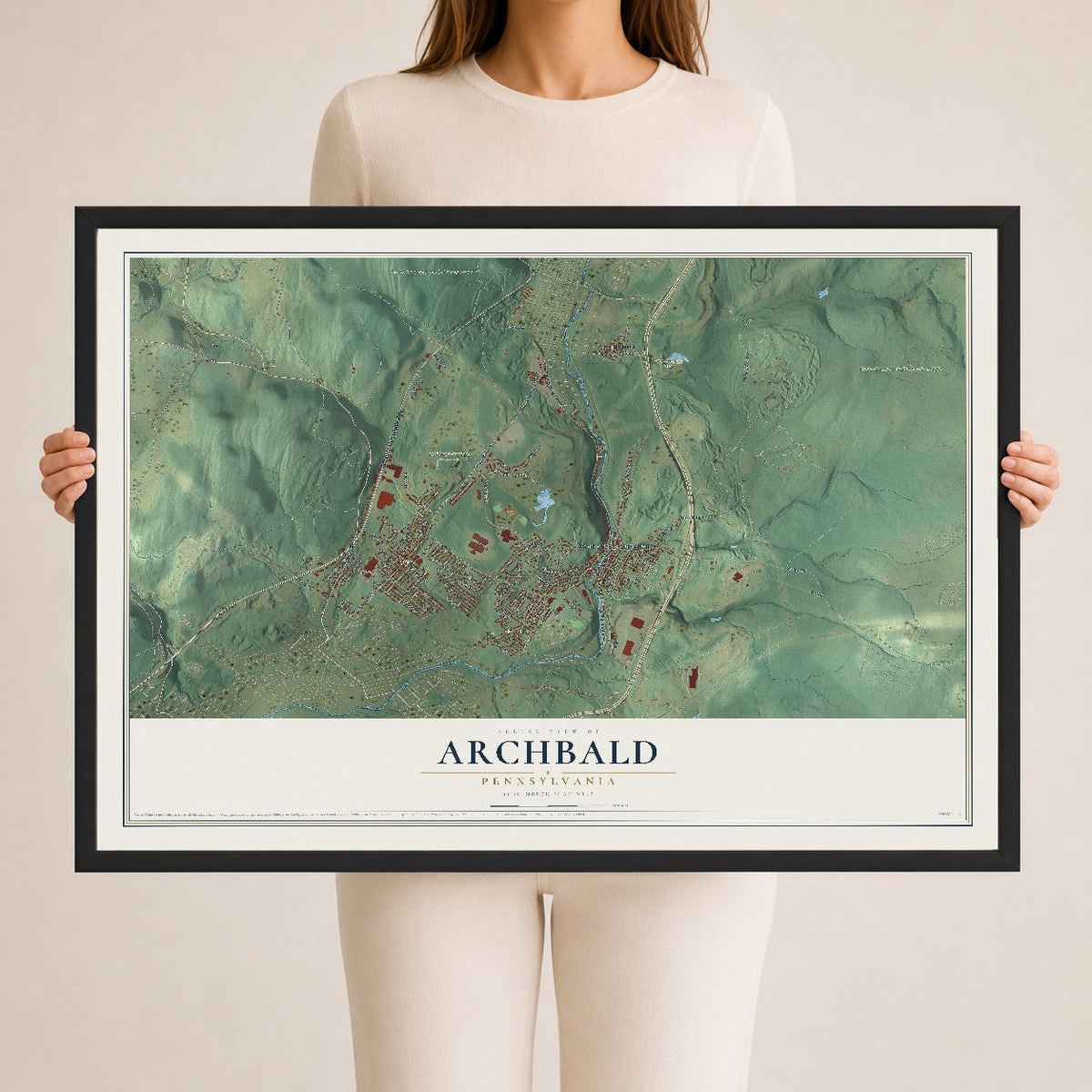 Map of Archbald, Pennsylvania, 24 x 36 inch print in a black wood frame