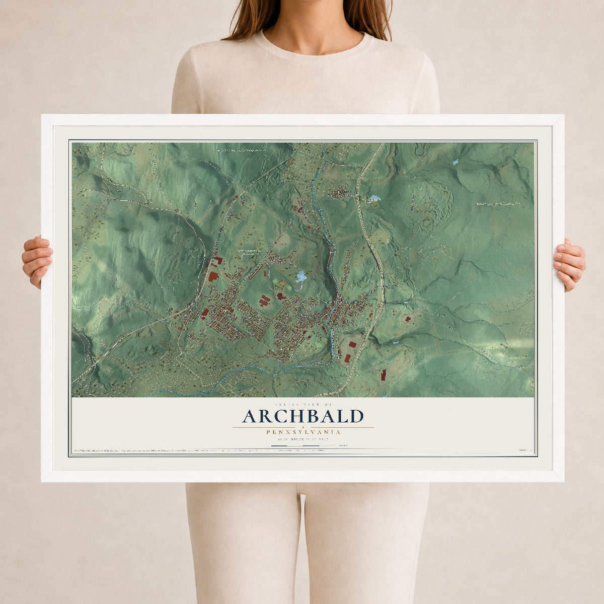 Map of Archbald, Pennsylvania, 24 x 36 inch print in a white wood frame