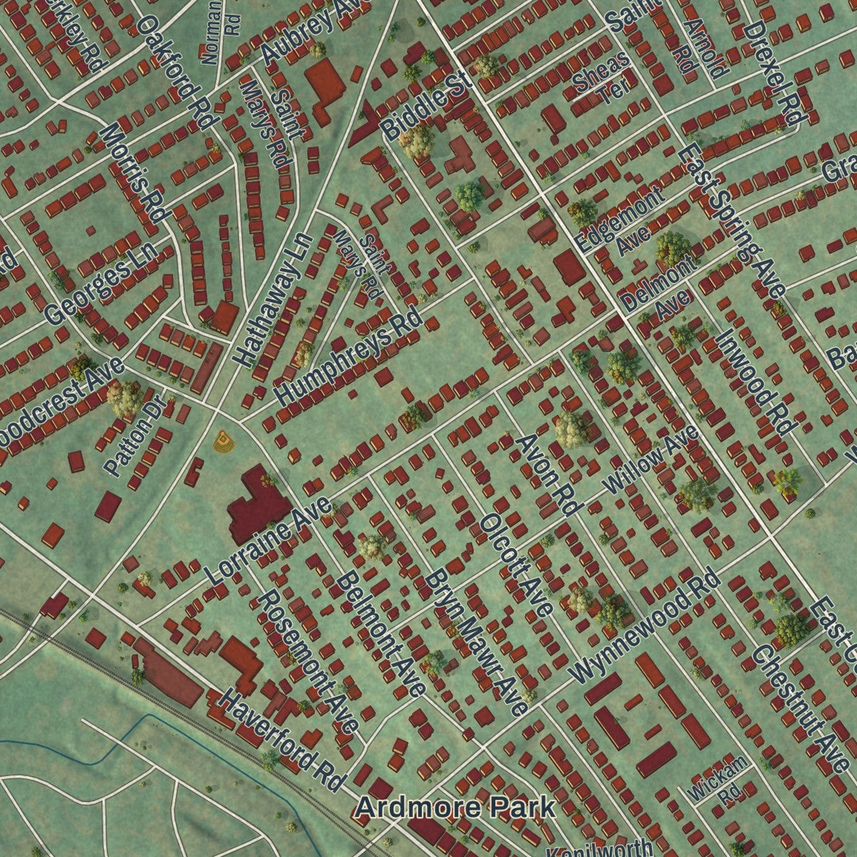 Close-up of the map of Ardmore, Pennsylvania print showing street and building detail