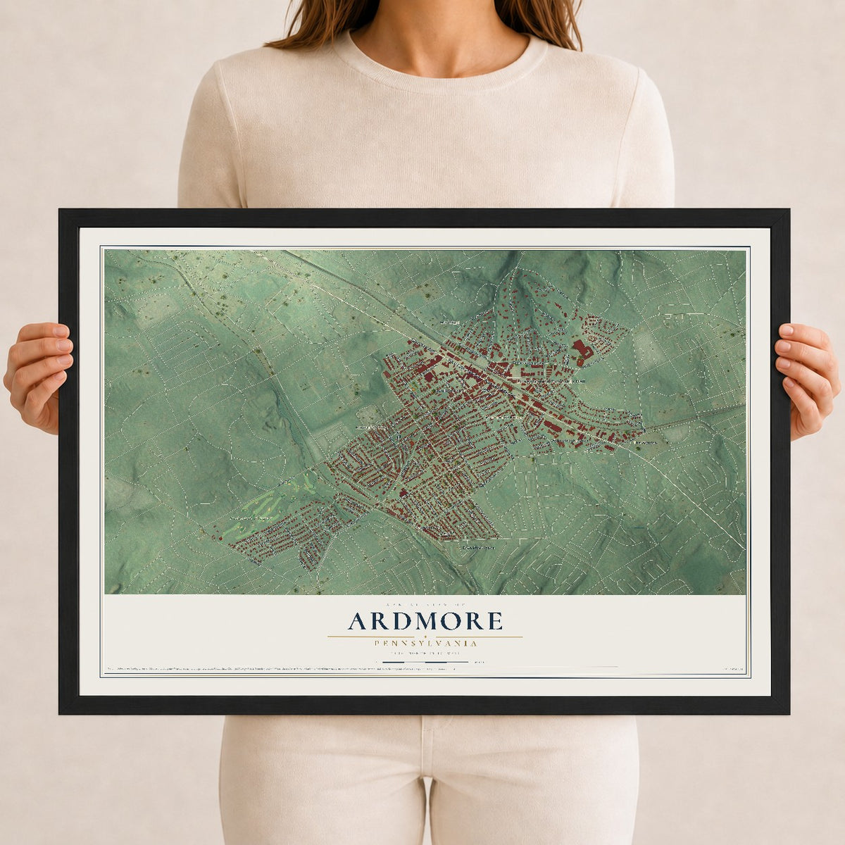 Map of Ardmore, Pennsylvania, 12 x 18 inch print in a black wood frame
