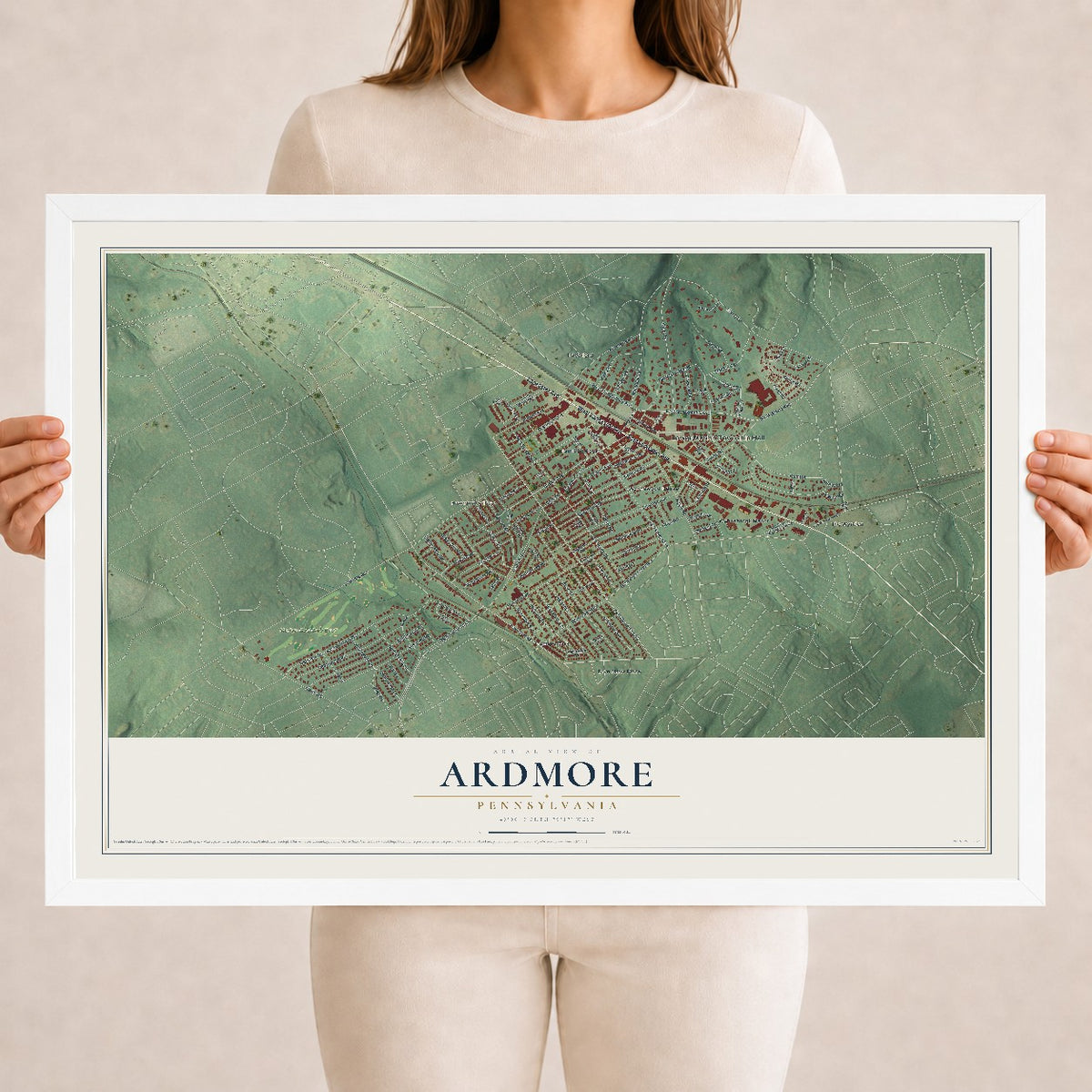 Map of Ardmore, Pennsylvania, 18 x 24 inch print in a white wood frame