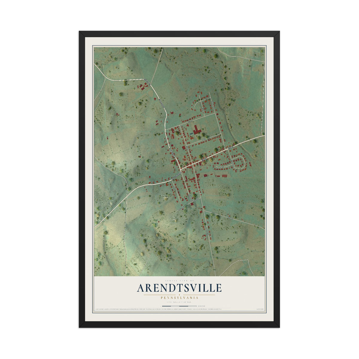 Map of Arendtsville, Pennsylvania, 12 x 18 inch print in a black wood frame