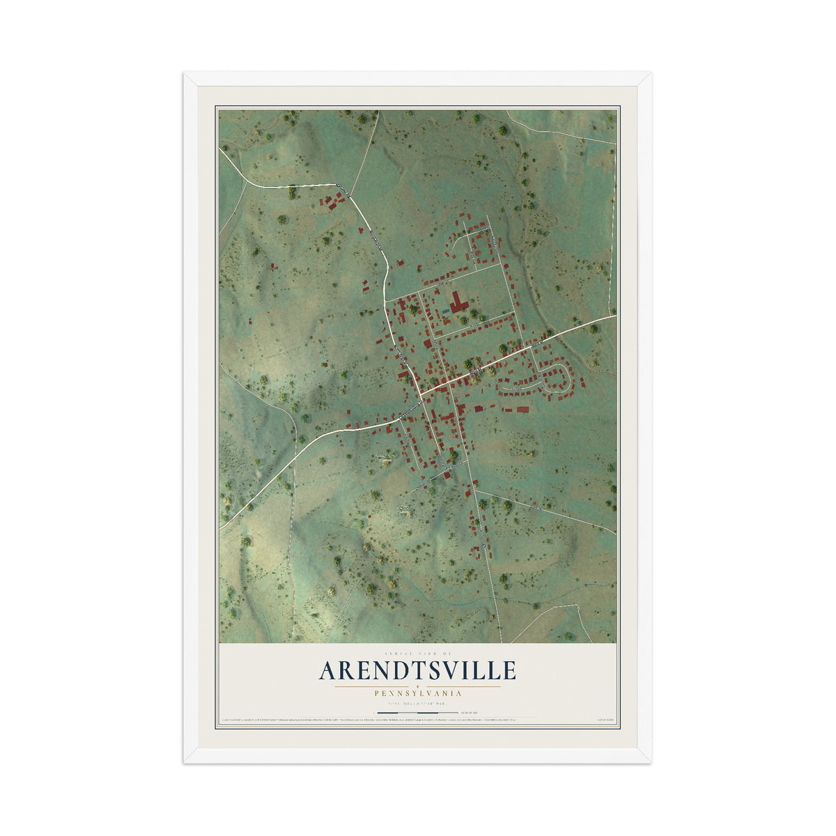 Map of Arendtsville, Pennsylvania, 12 x 18 inch print in a white wood frame
