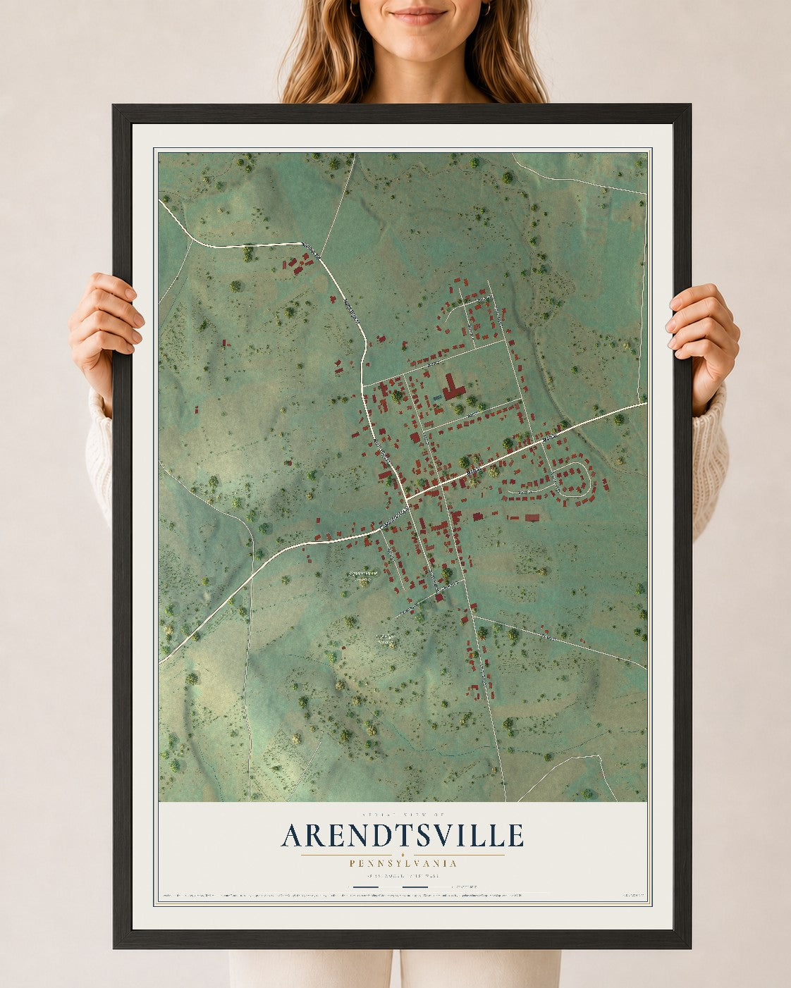Map of Arendtsville, Pennsylvania, 24 x 36 inch print in a black wood frame