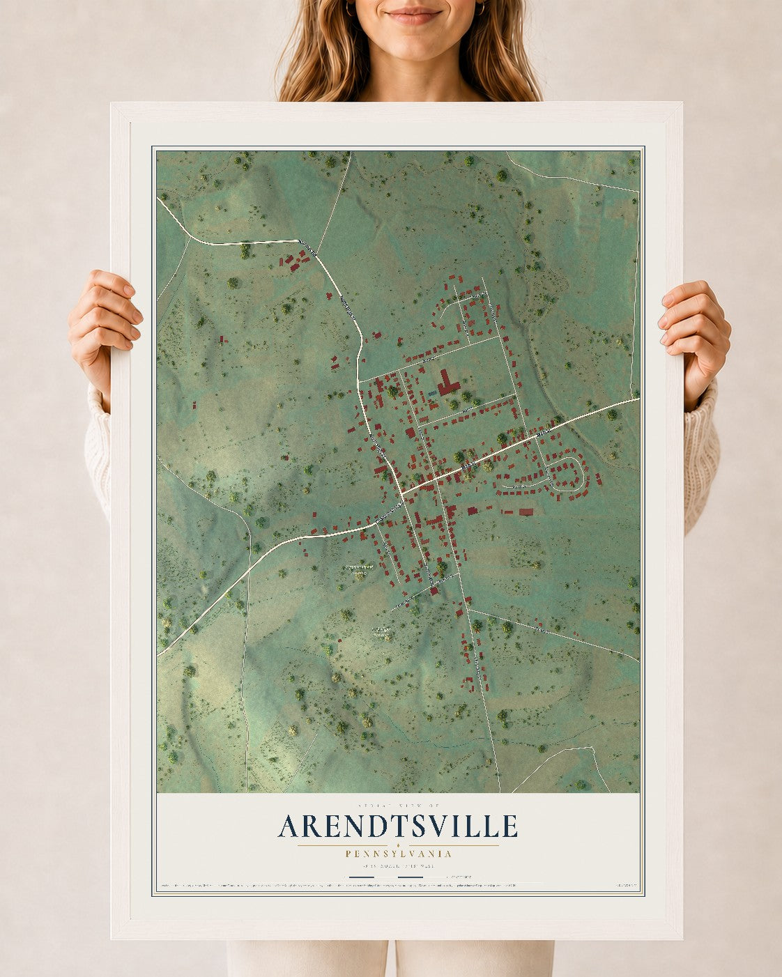 Map of Arendtsville, Pennsylvania, 24 x 36 inch print in a white wood frame