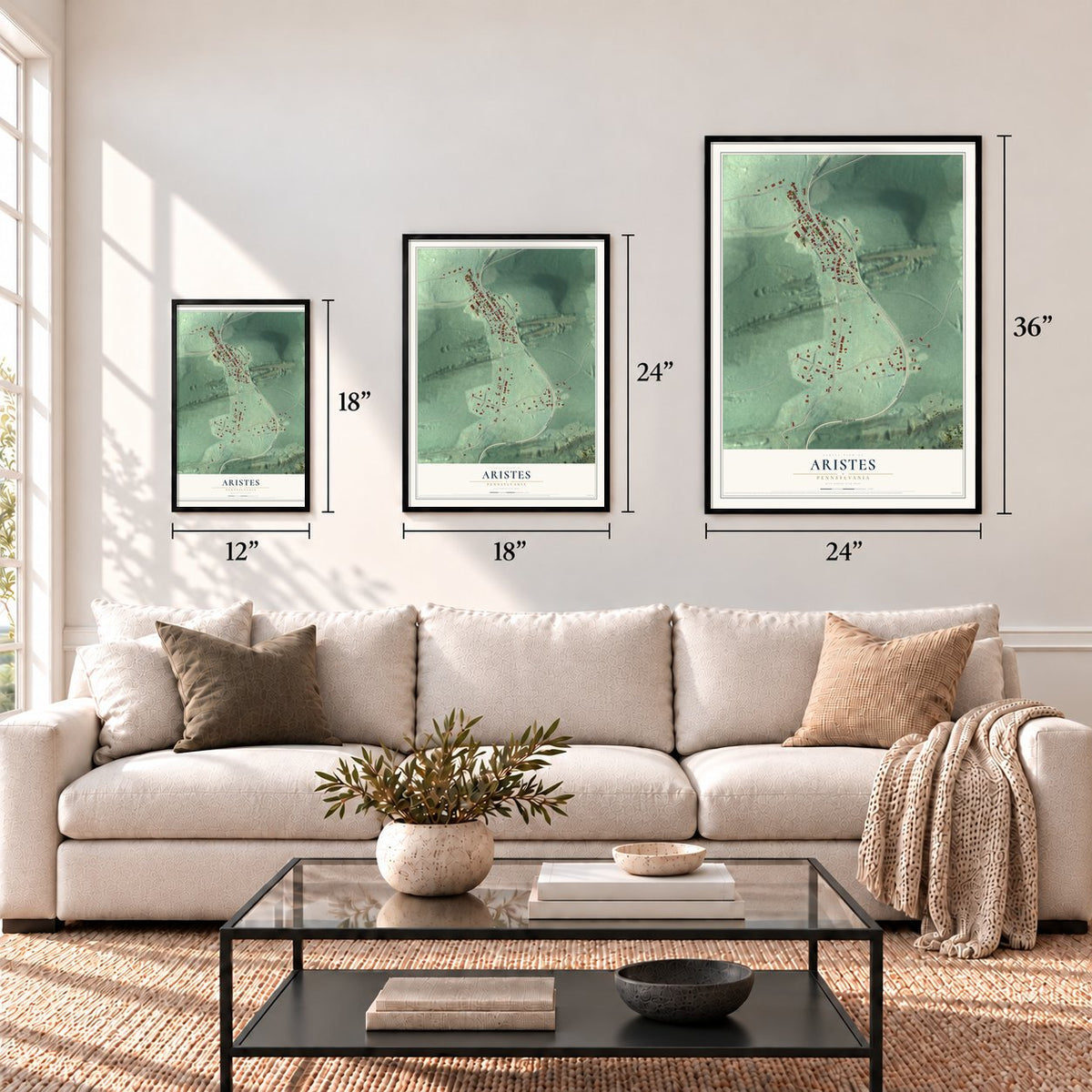 Aristes, Pennsylvania map in 12 x 18, 18 x 24 and 24 x 36 inch sizes above a sofa