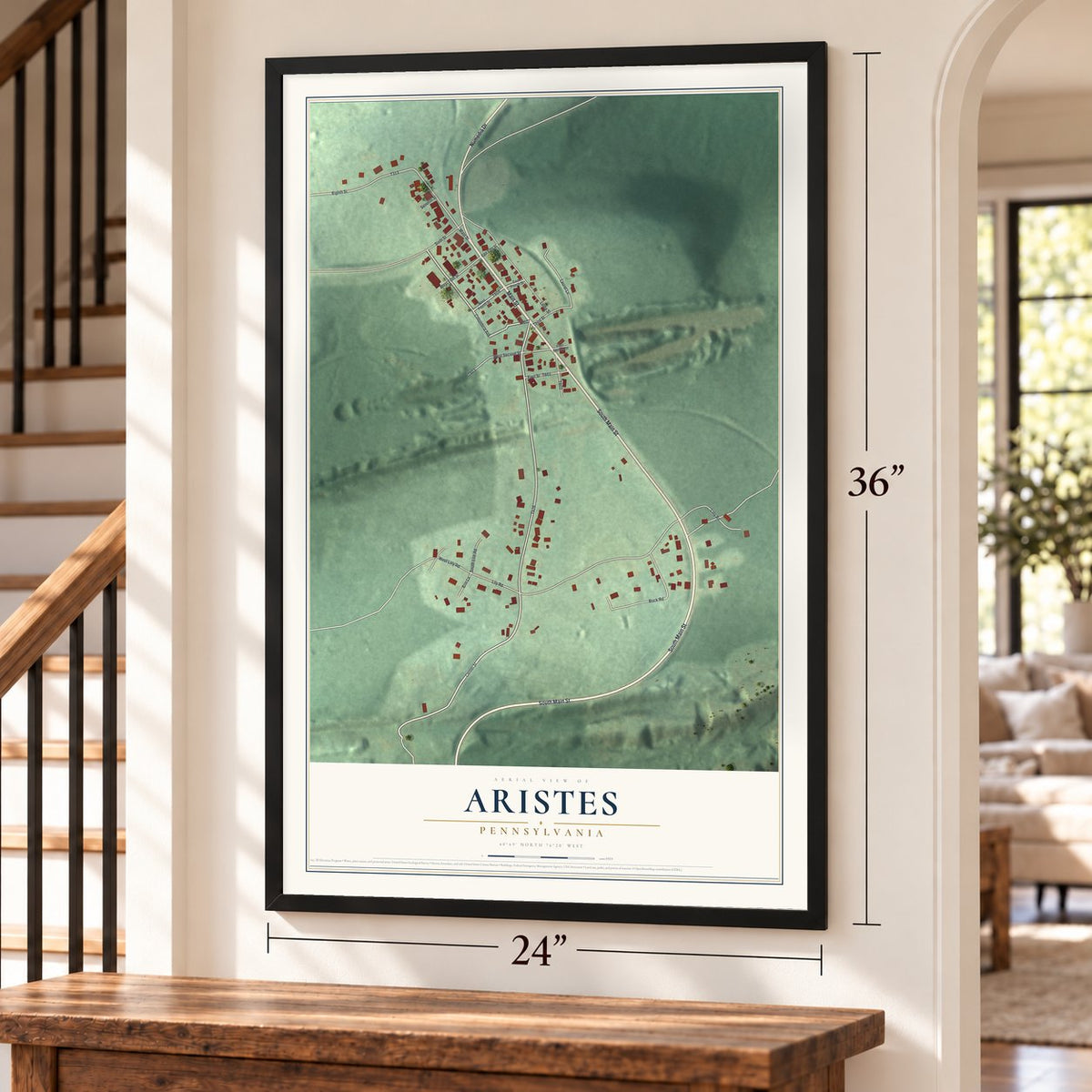 Aristes, Pennsylvania map, 24 x 36 inch print in a black frame by a staircase