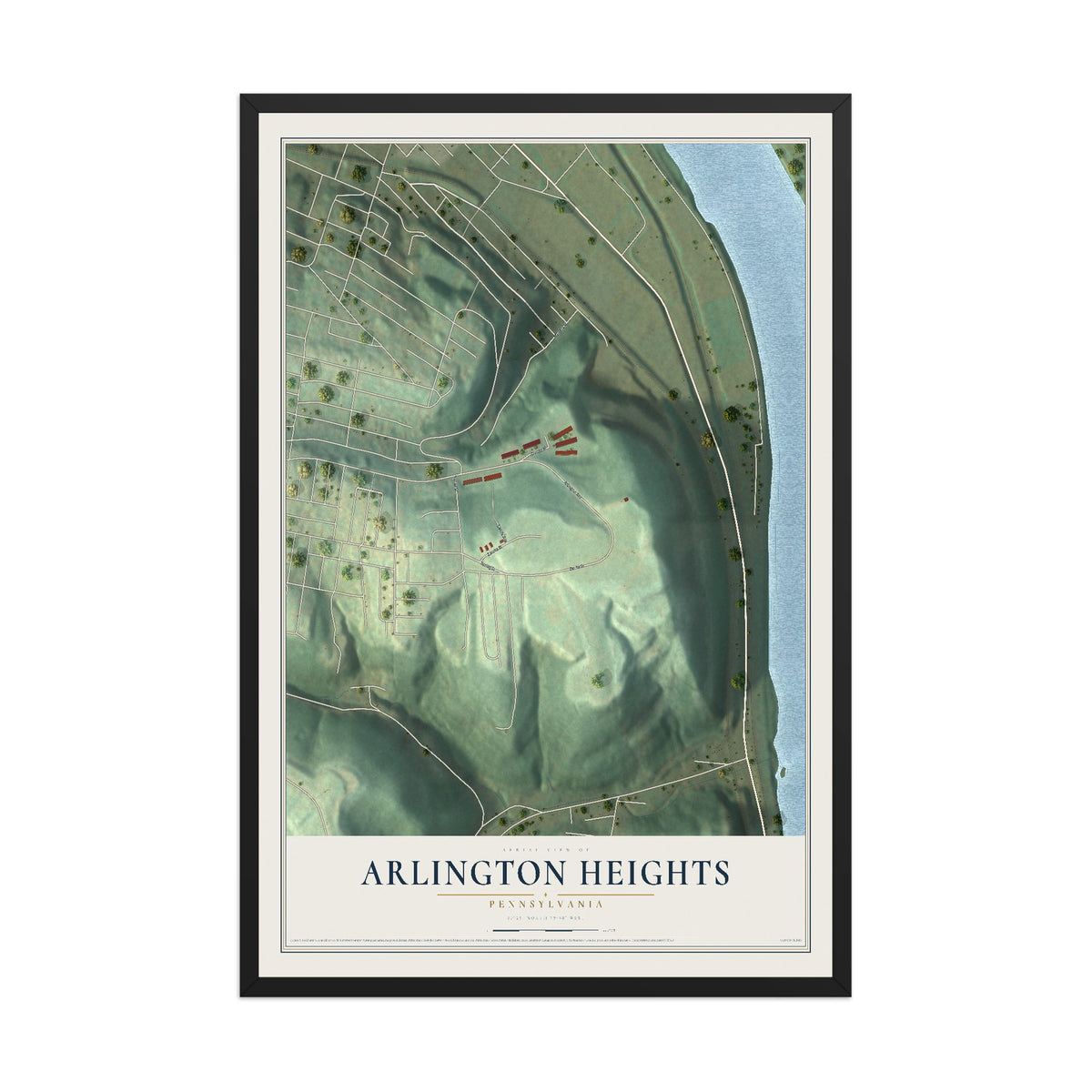 Map of Arlington Heights, Pennsylvania, 12 x 18 inch print in a black wood frame
