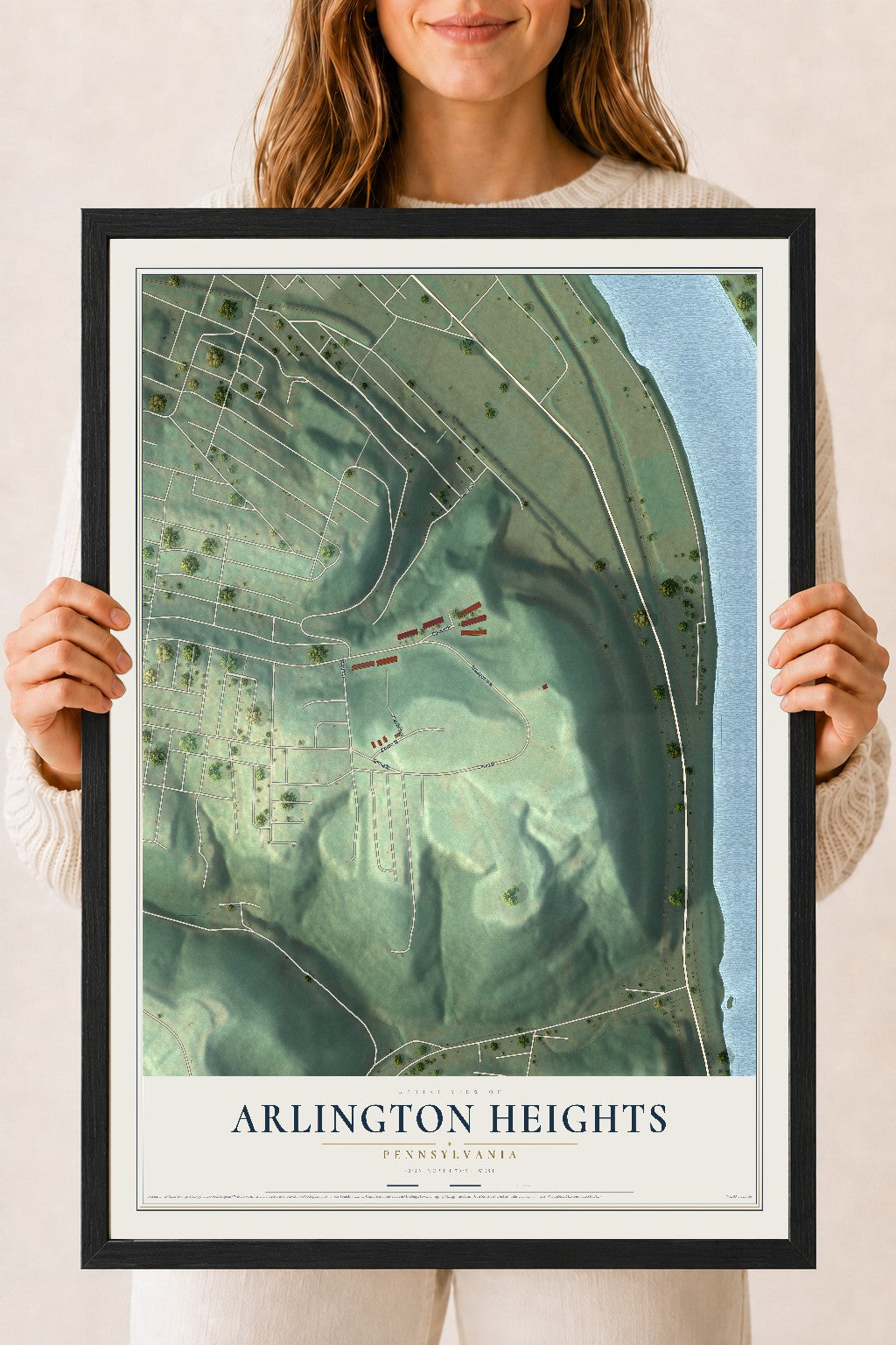 Map of Arlington Heights, Pennsylvania, 18 x 24 inch print in a black wood frame