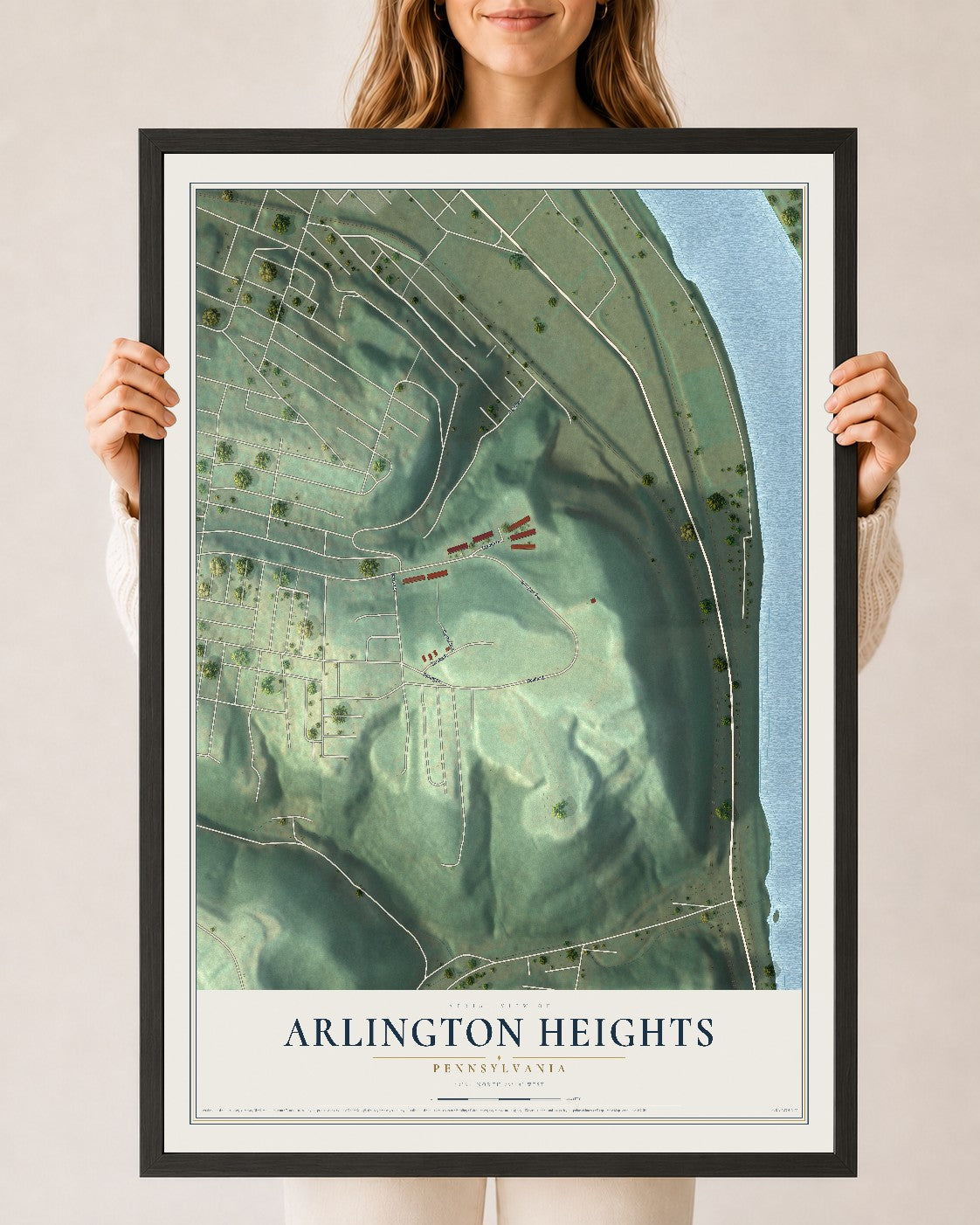 Map of Arlington Heights, Pennsylvania, 24 x 36 inch print in a black wood frame