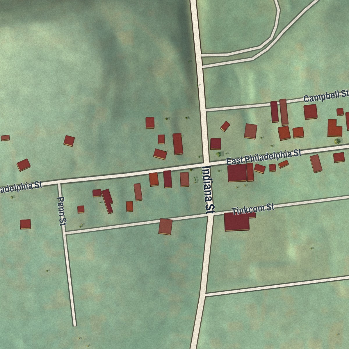 Close-up of the map of Armagh, Indiana County, Pennsylvania print showing street and building detail
