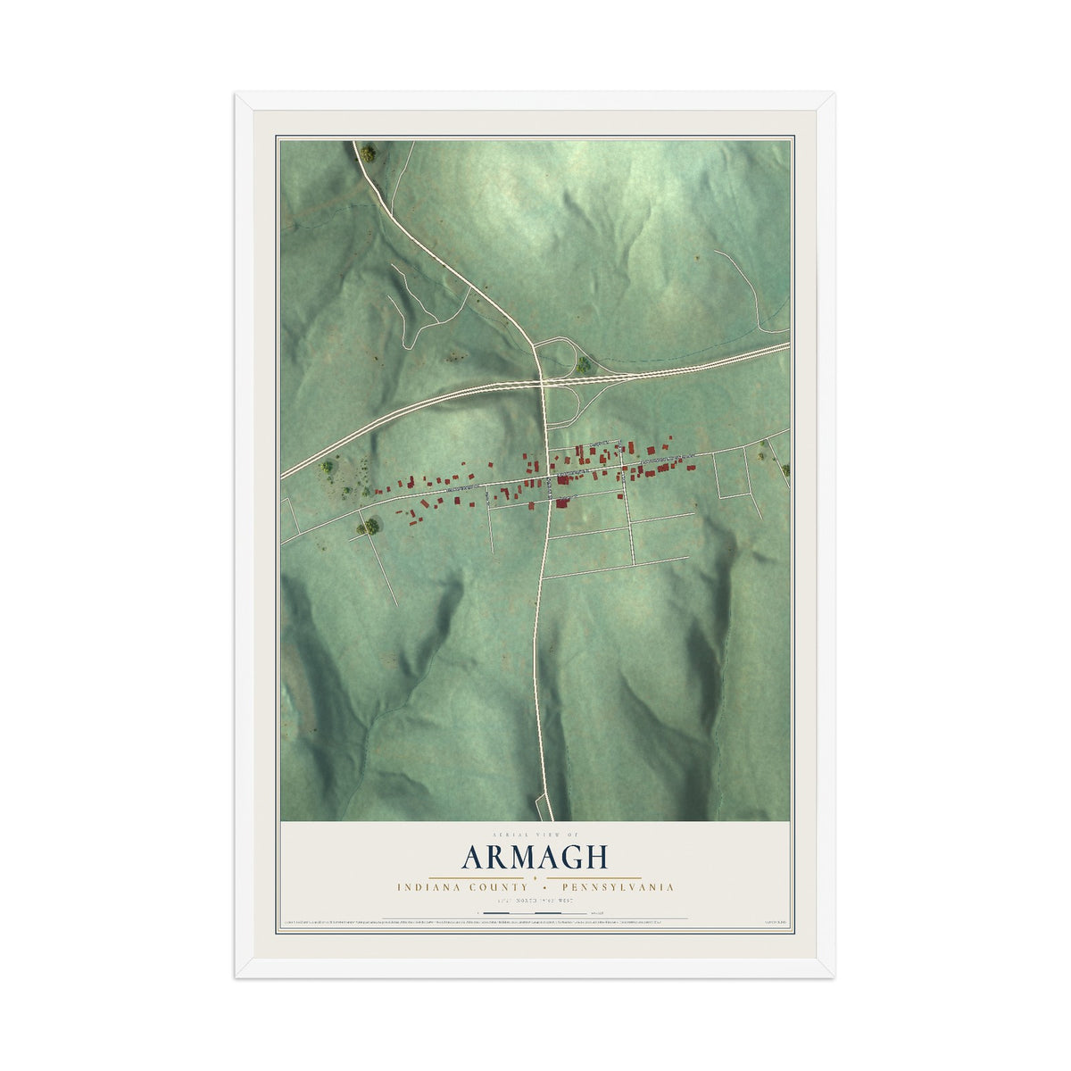 Map of Armagh, Indiana County, Pennsylvania, 12 x 18 inch print in a white wood frame