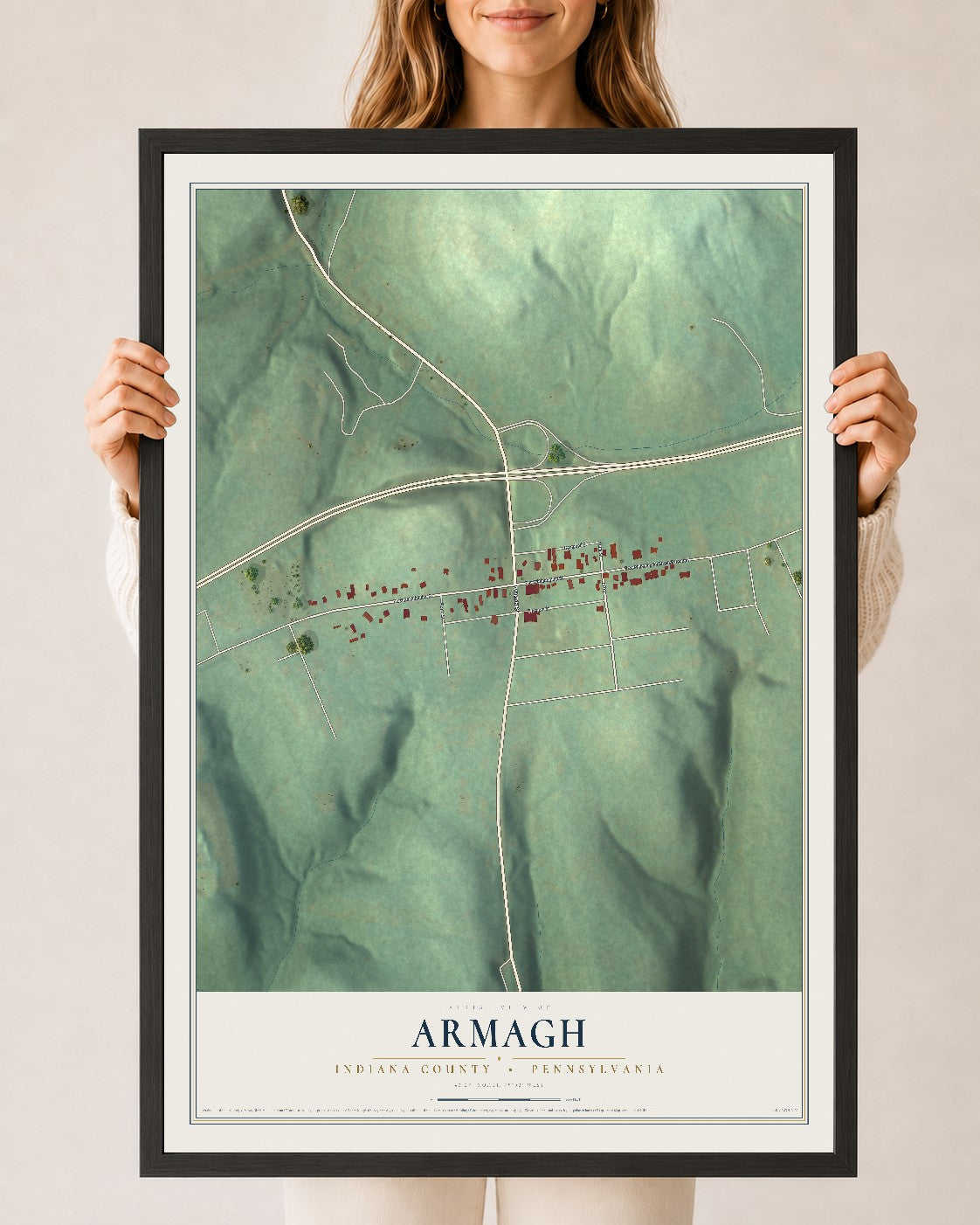Map of Armagh, Indiana County, Pennsylvania, 24 x 36 inch print in a black wood frame