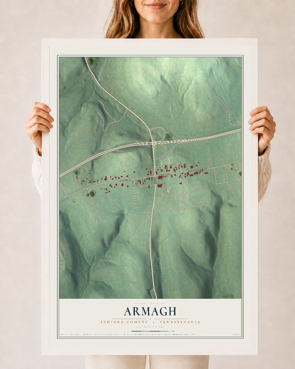 Map of Armagh, Indiana County, Pennsylvania, 24 x 36 inch print in a white wood frame