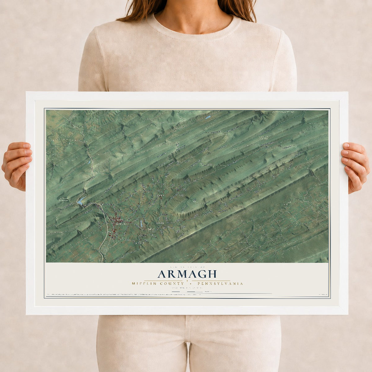 Map of Armagh, Mifflin County, Pennsylvania, 12 x 18 inch print in a white wood frame