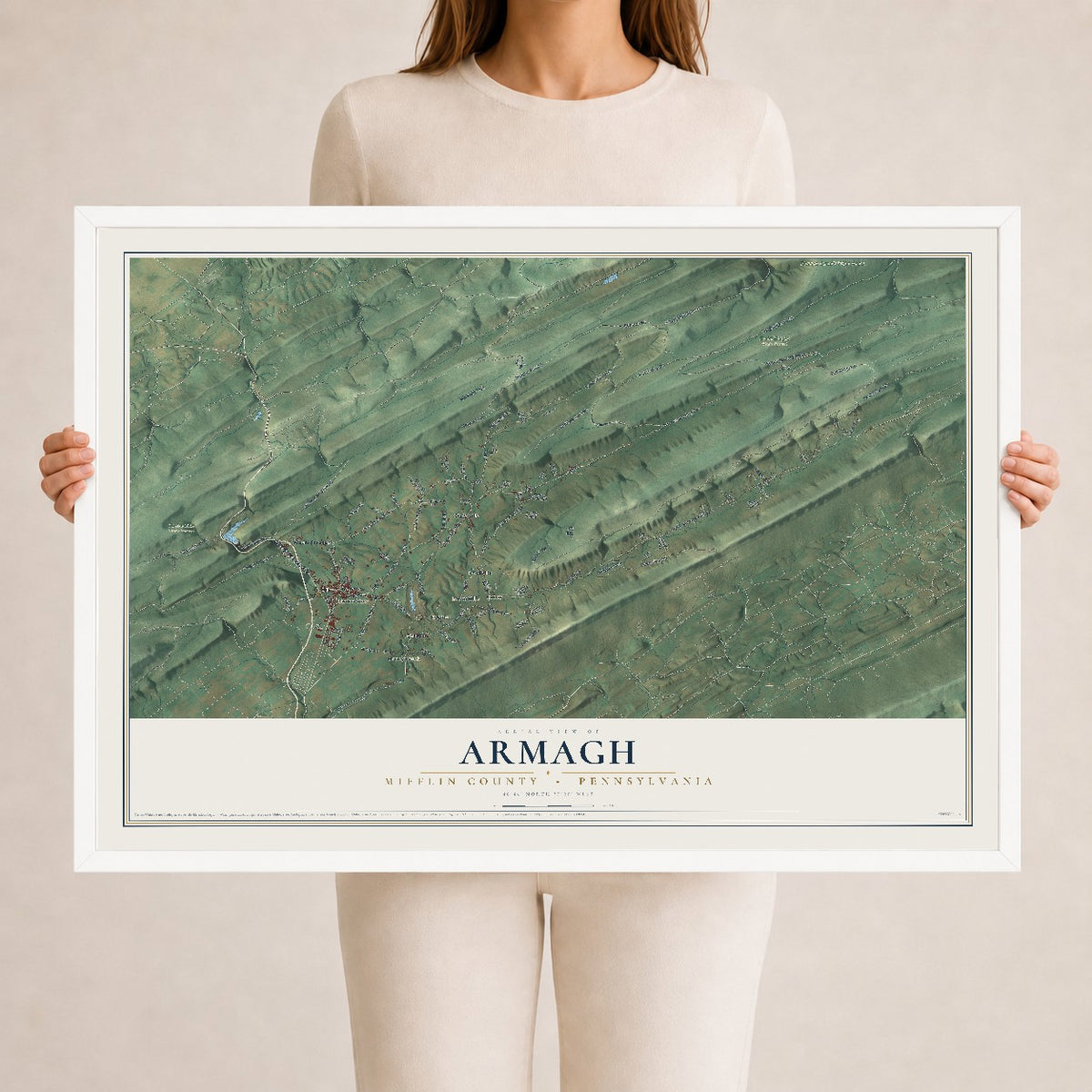 Map of Armagh, Mifflin County, Pennsylvania, 24 x 36 inch print in a white wood frame