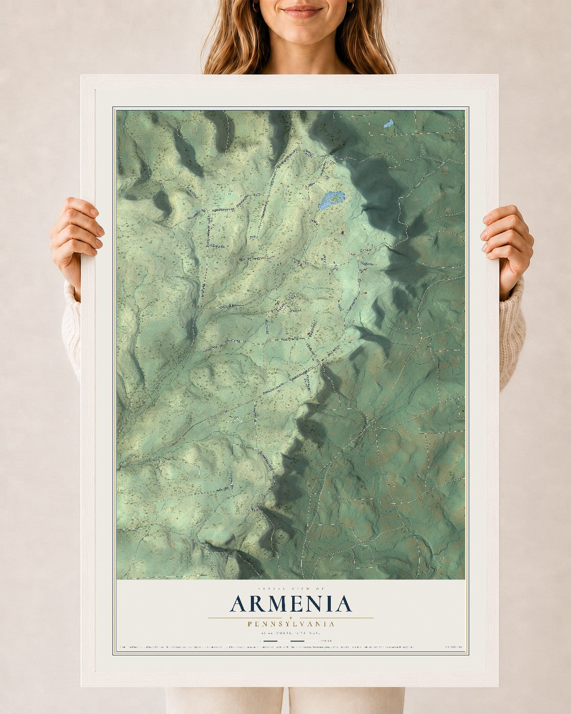 Map of Armenia, Pennsylvania, 24 x 36 inch print in a white wood frame
