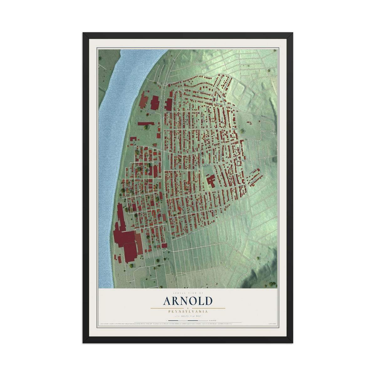 Map of Arnold, Pennsylvania, 12 x 18 inch print in a black wood frame