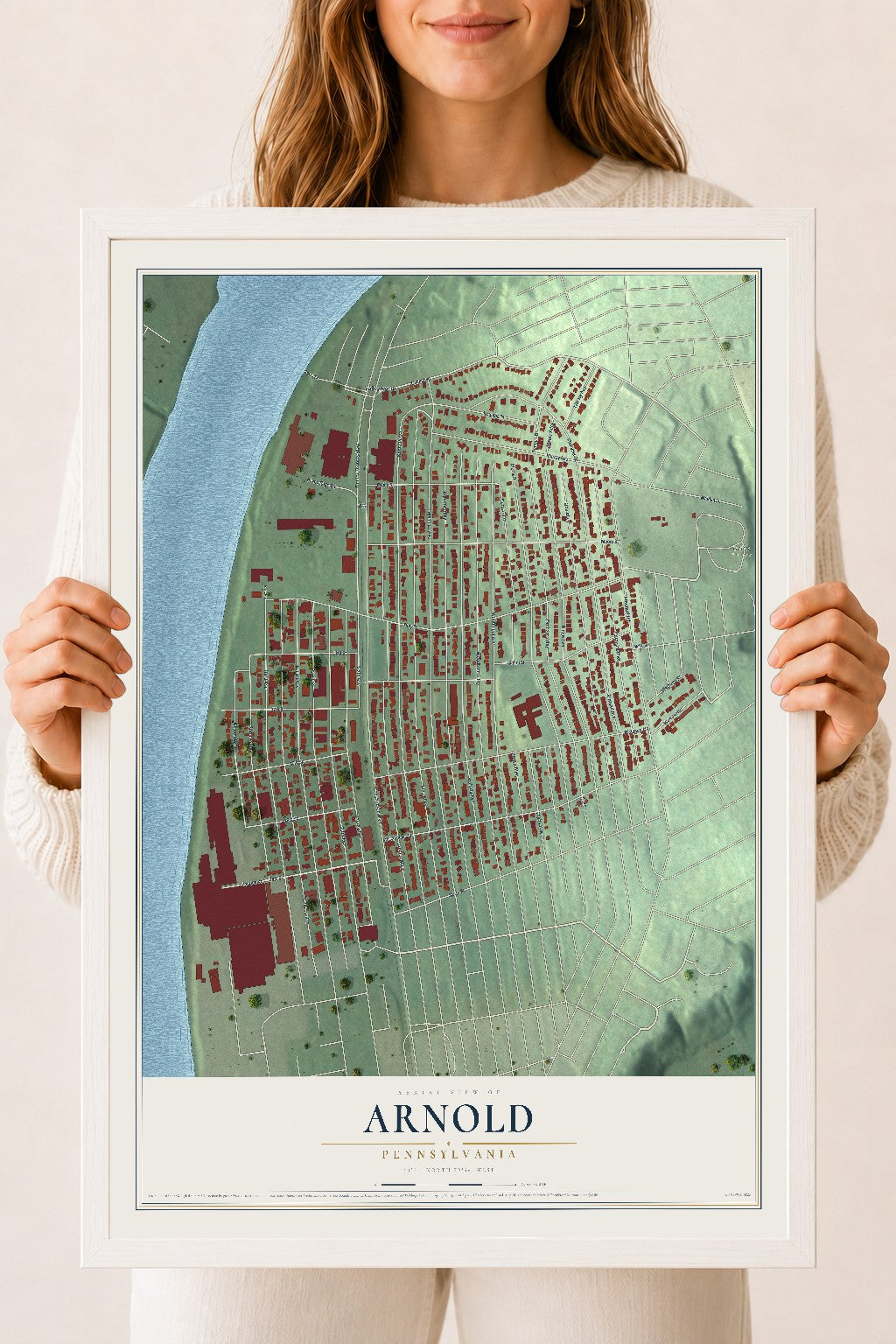Map of Arnold, Pennsylvania, 18 x 24 inch print in a white wood frame