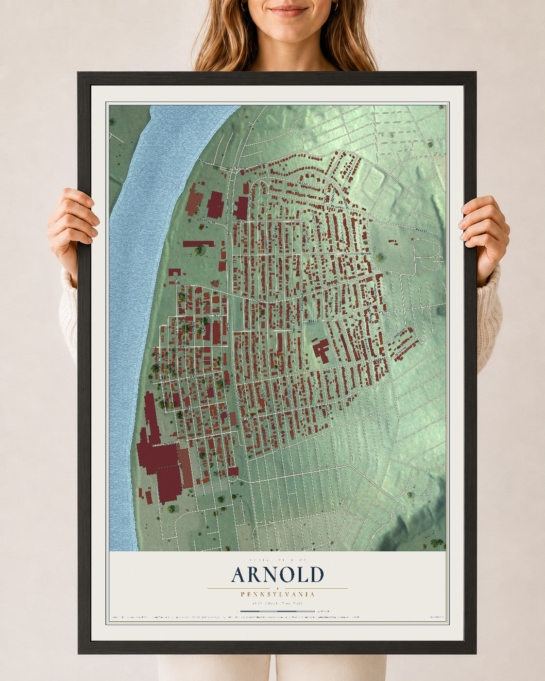Map of Arnold, Pennsylvania, 24 x 36 inch print in a black wood frame