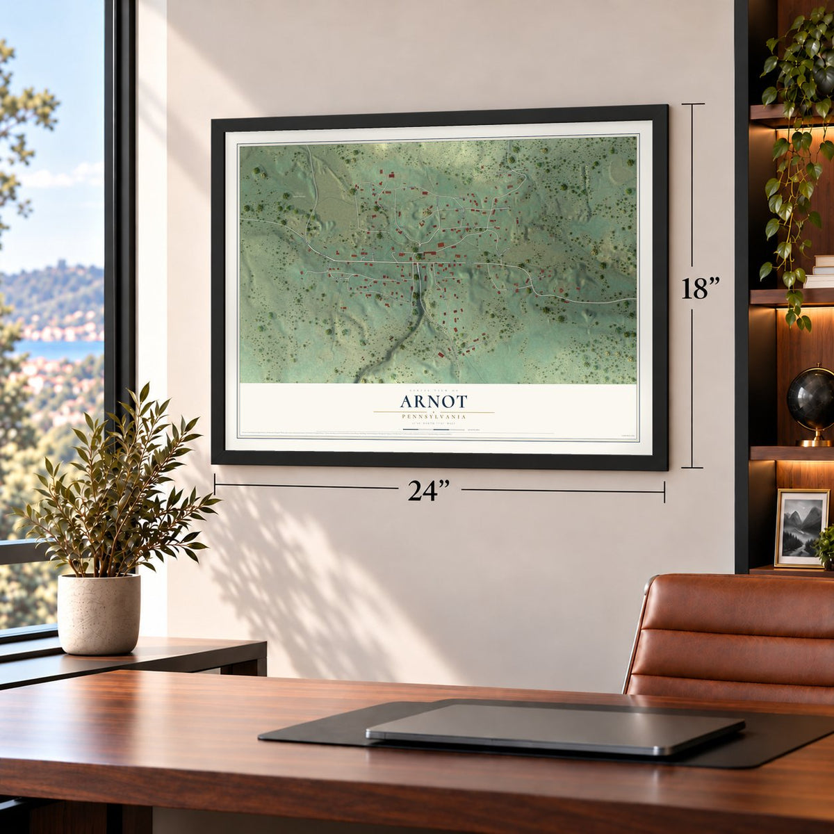 Arnot, Pennsylvania map, 18 x 24 inch print in a black frame in a home office