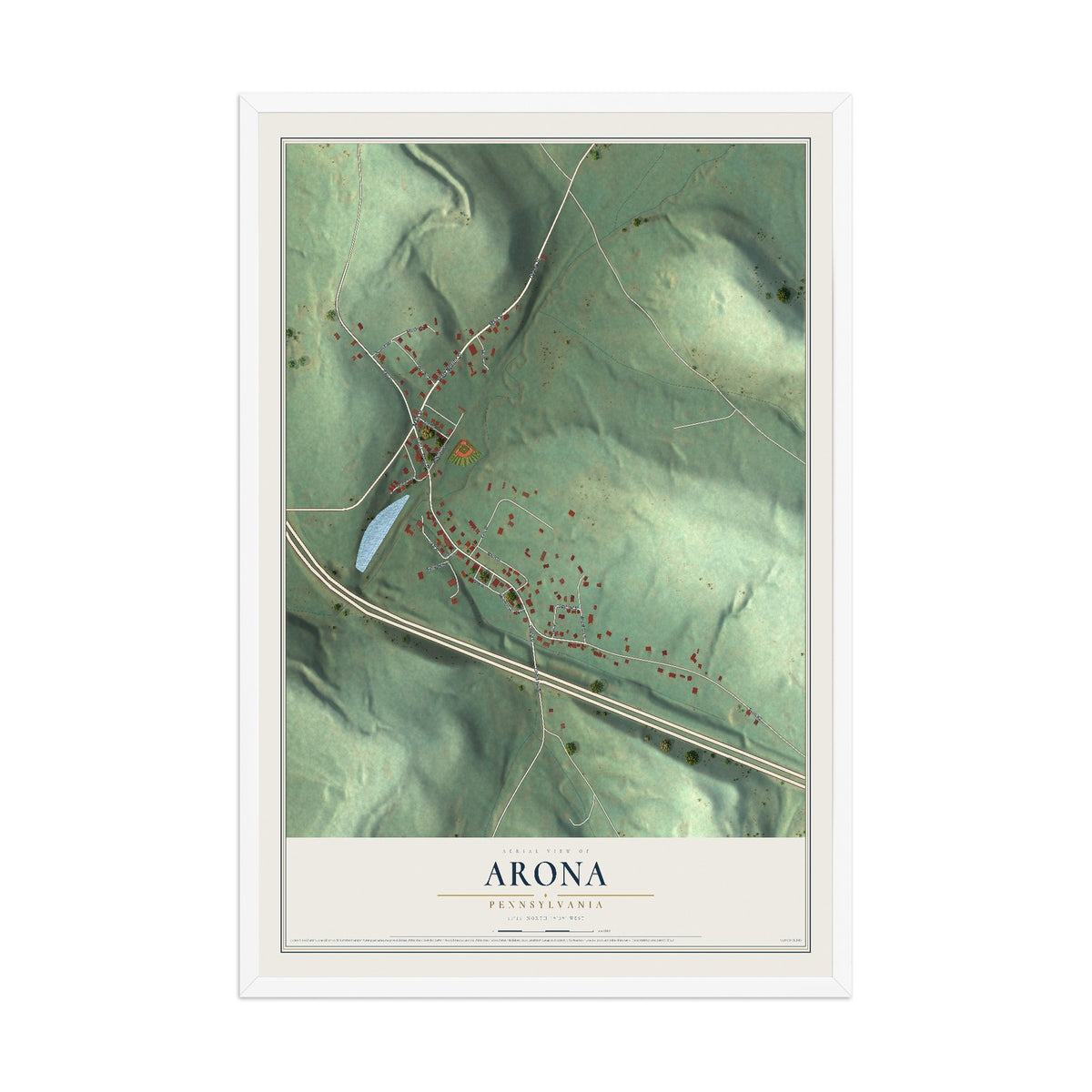 Map of Arona, Pennsylvania, 12 x 18 inch print in a white wood frame