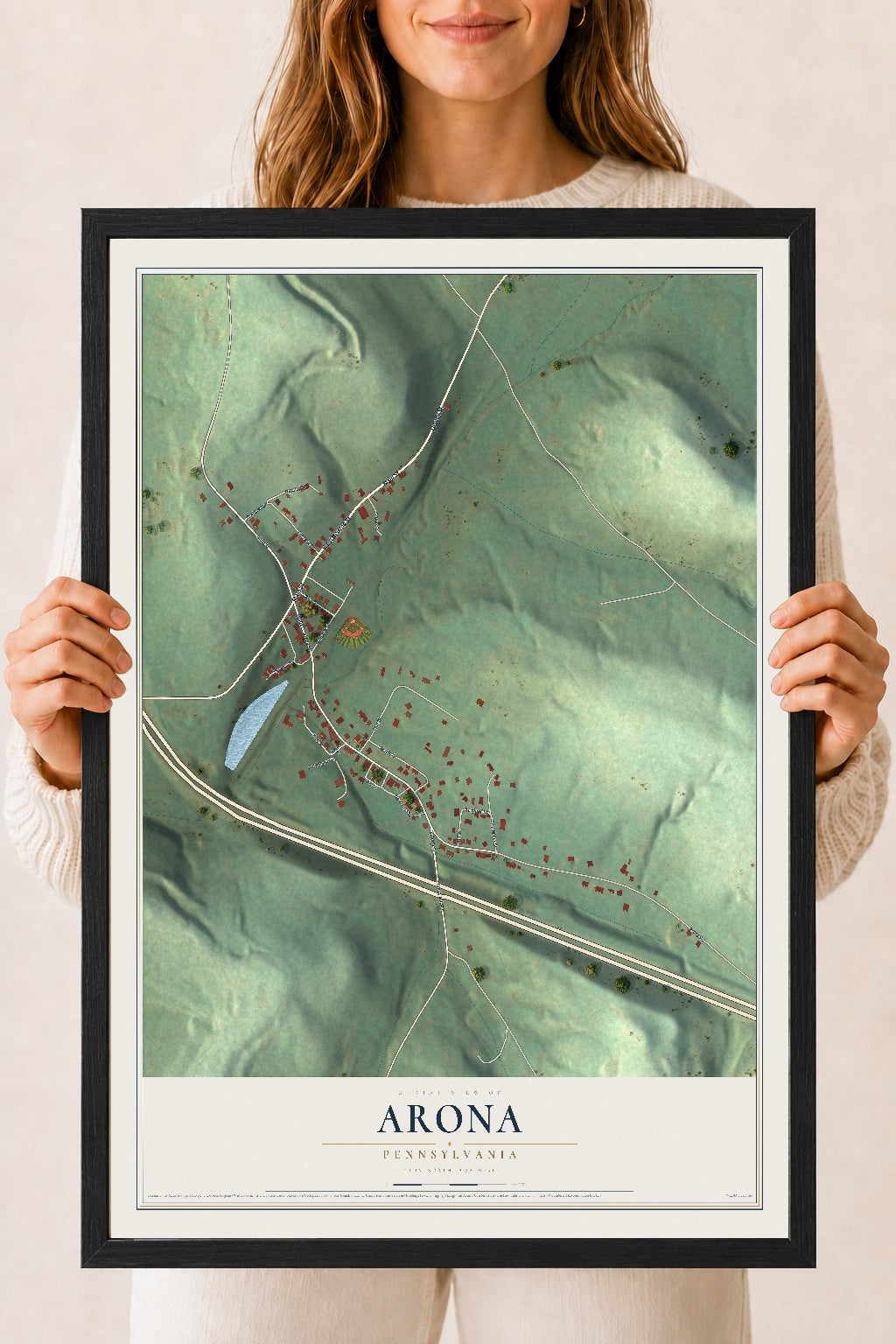 Map of Arona, Pennsylvania, 18 x 24 inch print in a black wood frame