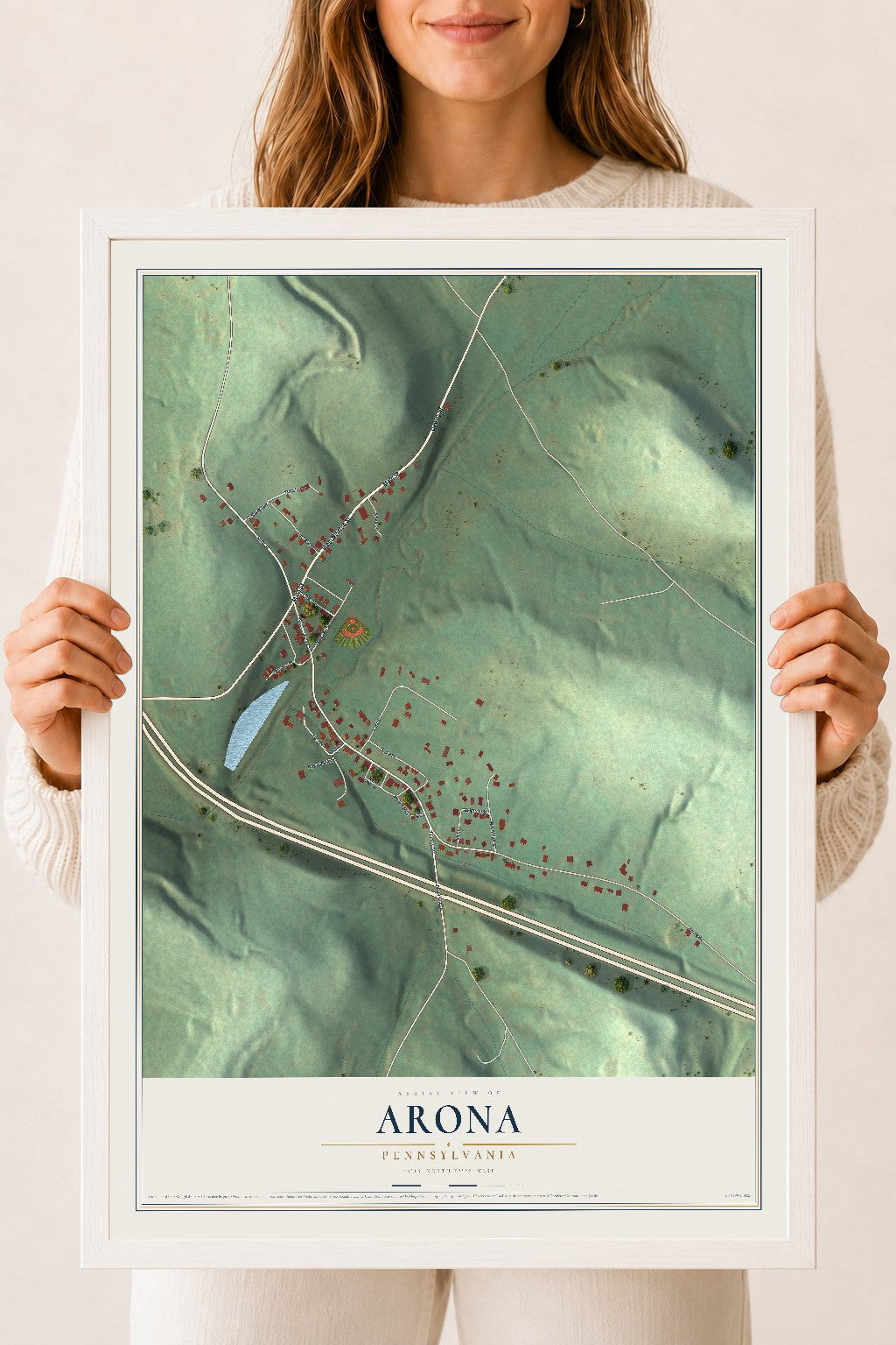 Map of Arona, Pennsylvania, 18 x 24 inch print in a white wood frame