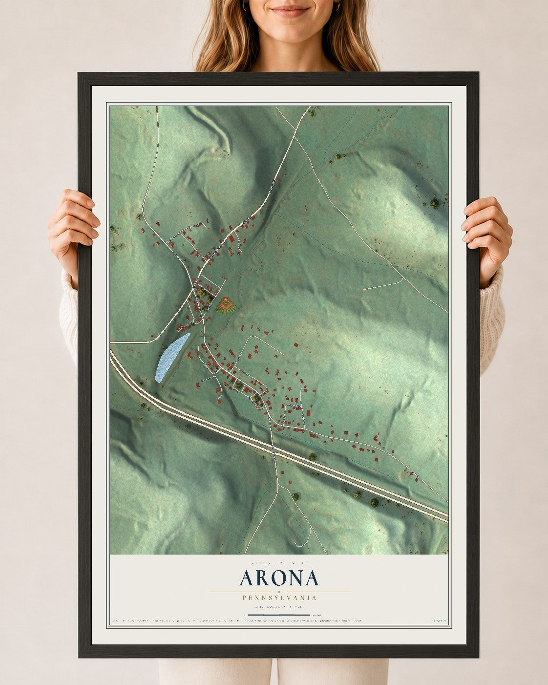Map of Arona, Pennsylvania, 24 x 36 inch print in a black wood frame