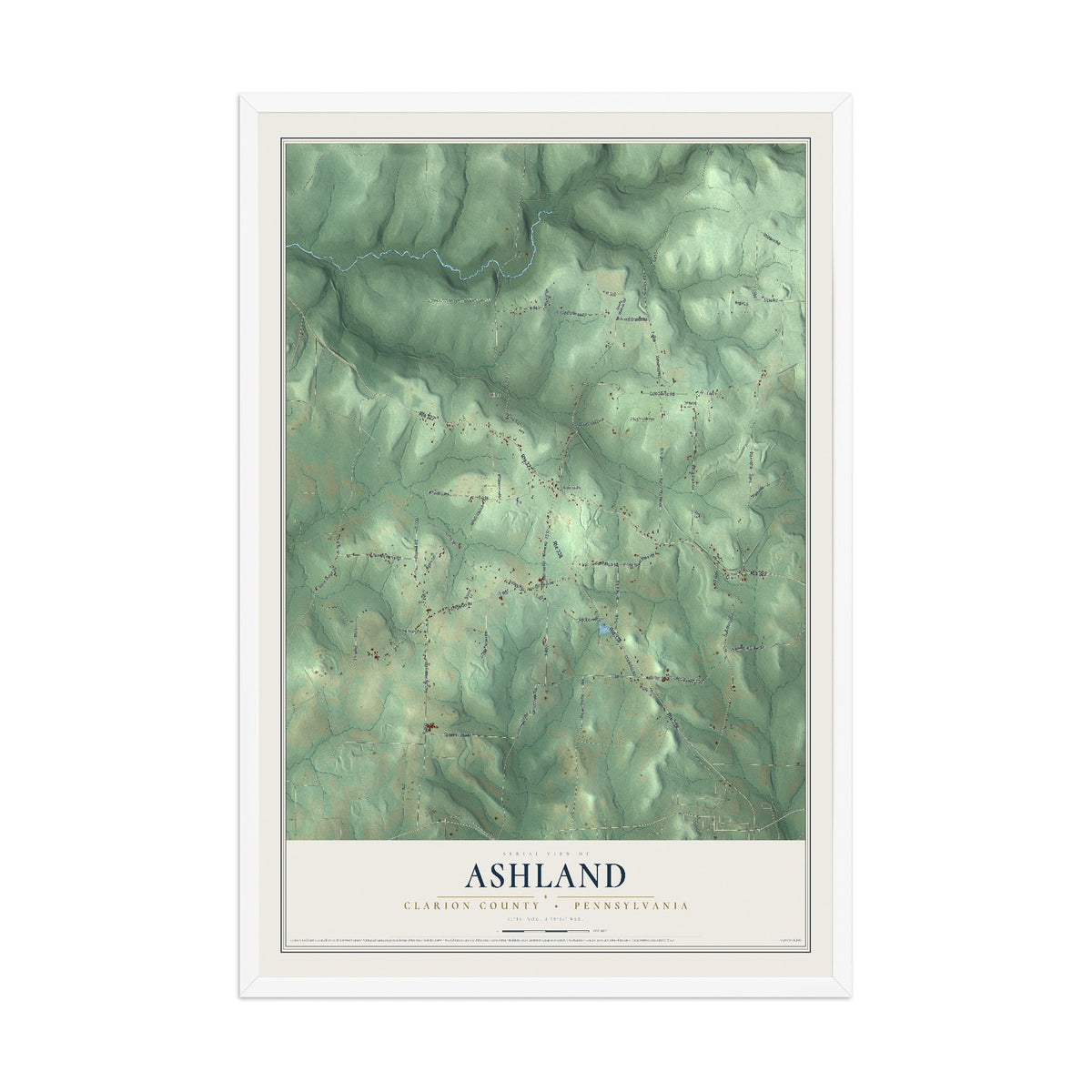 Map of Ashland, Clarion County, Pennsylvania, 12 x 18 inch print in a white wood frame