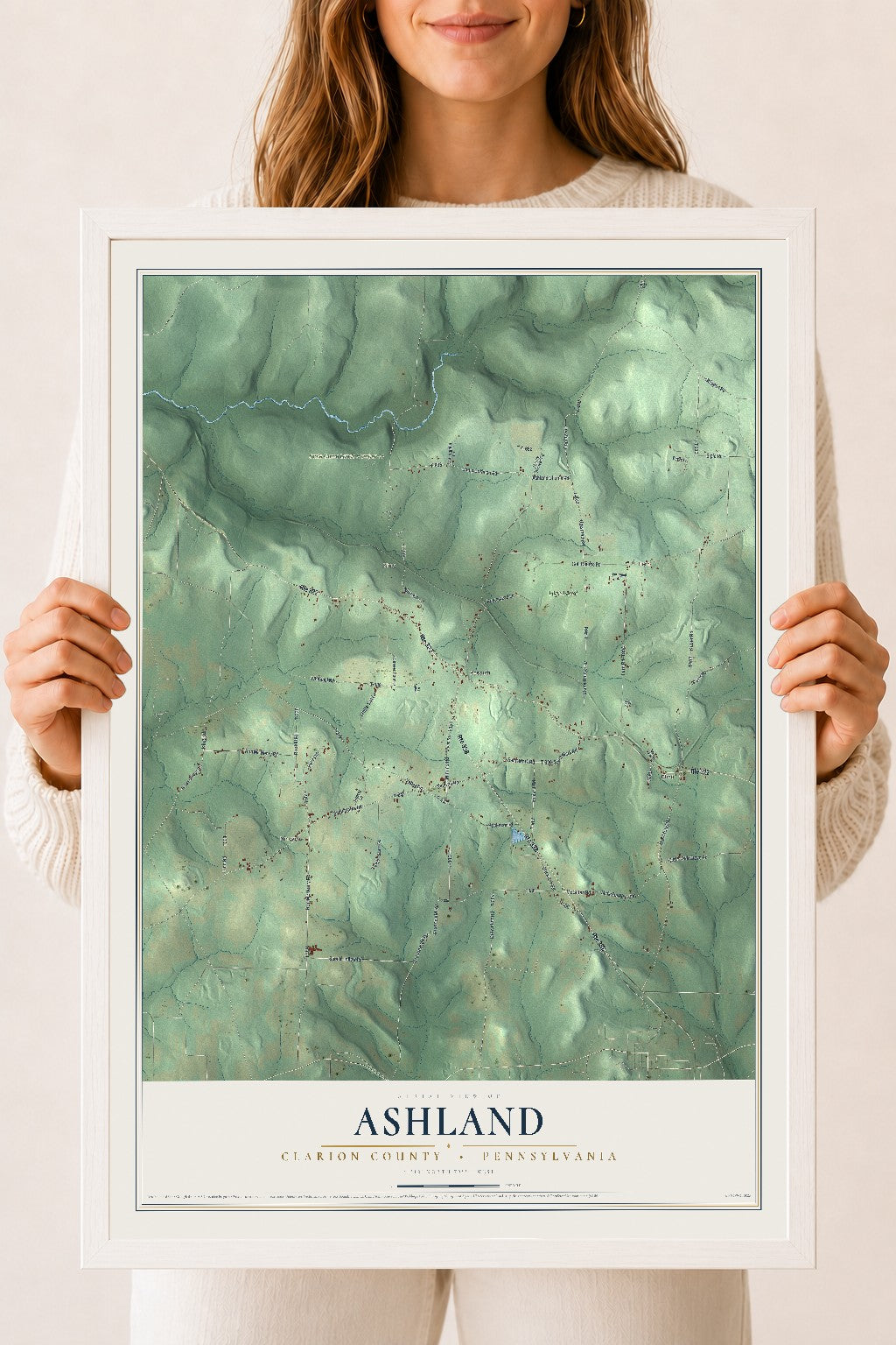 Map of Ashland, Clarion County, Pennsylvania, 18 x 24 inch print in a white wood frame