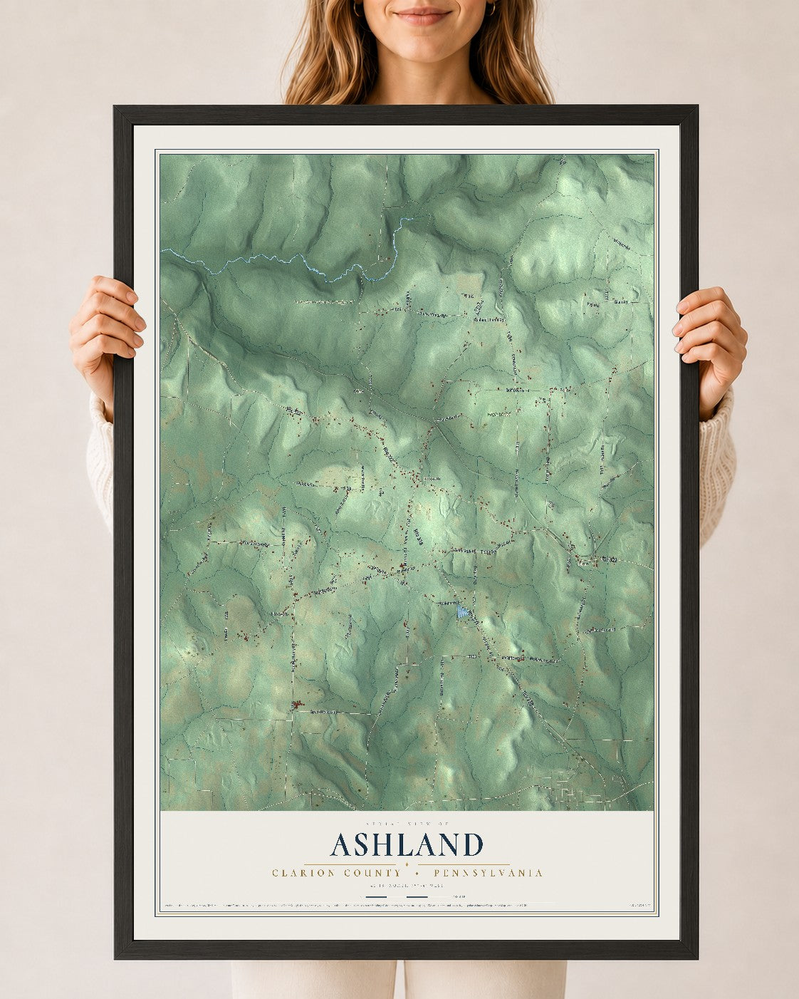 Map of Ashland, Clarion County, Pennsylvania, 24 x 36 inch print in a black wood frame
